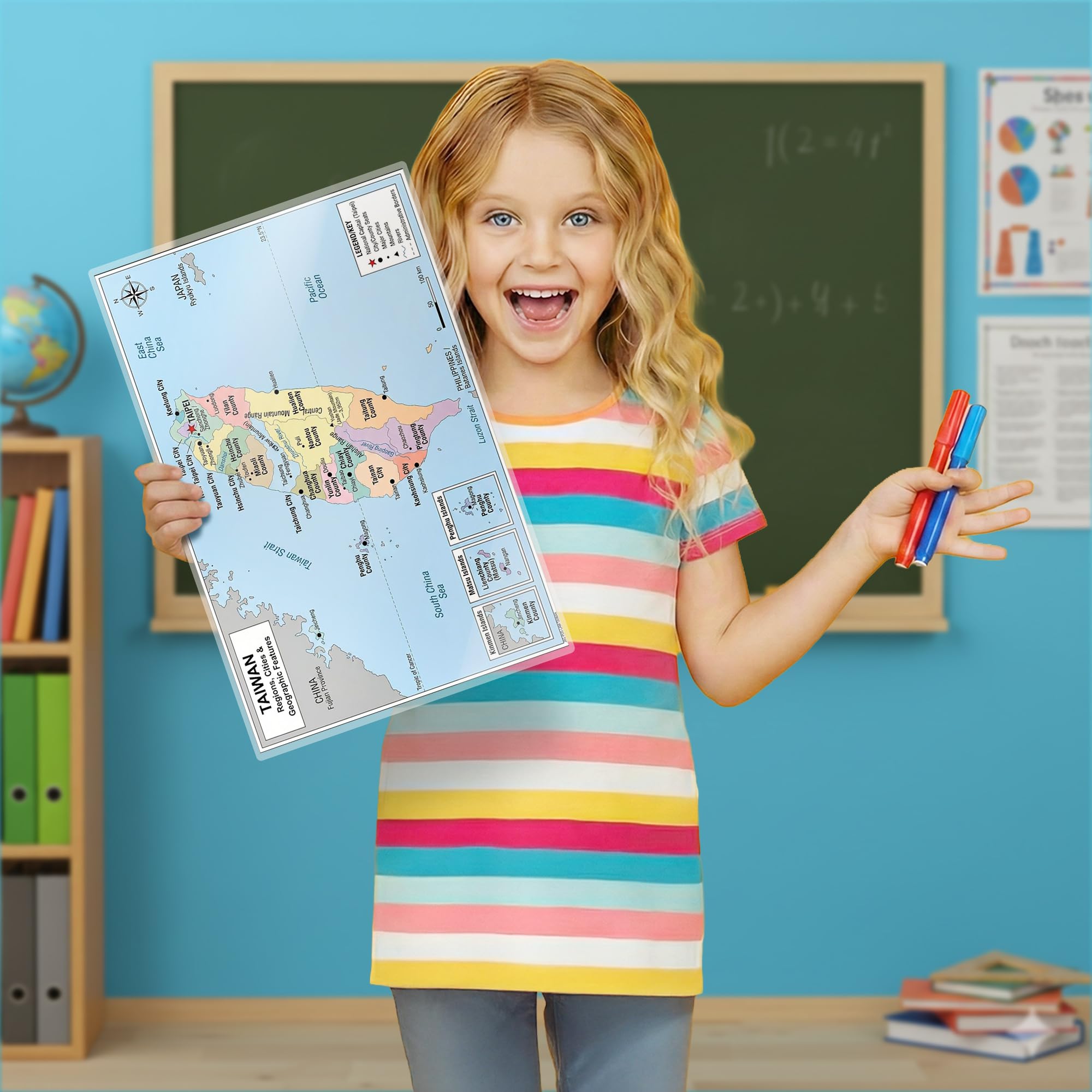 Taiwan Map Poster for Kids - Educational Geography Wall Art with 22 Divisions, Capitals & Major Cities - Laminated