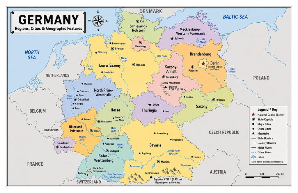 Germany Map Poster, States & Capitals, Double-Sided Laminated, 11x17