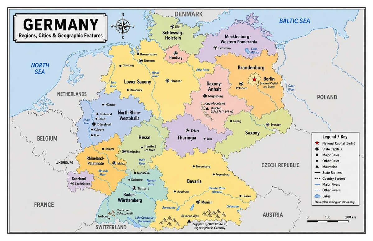 Germany Map Poster, States & Capitals, Double-Sided Laminated, 11x17