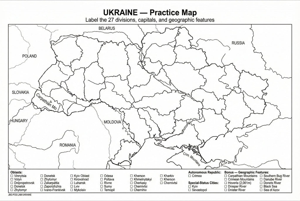 Ukraine Map Poster for Kids - Educational Geography Wall Art with 27 Oblasts, Capitals & Major Cities - Laminated