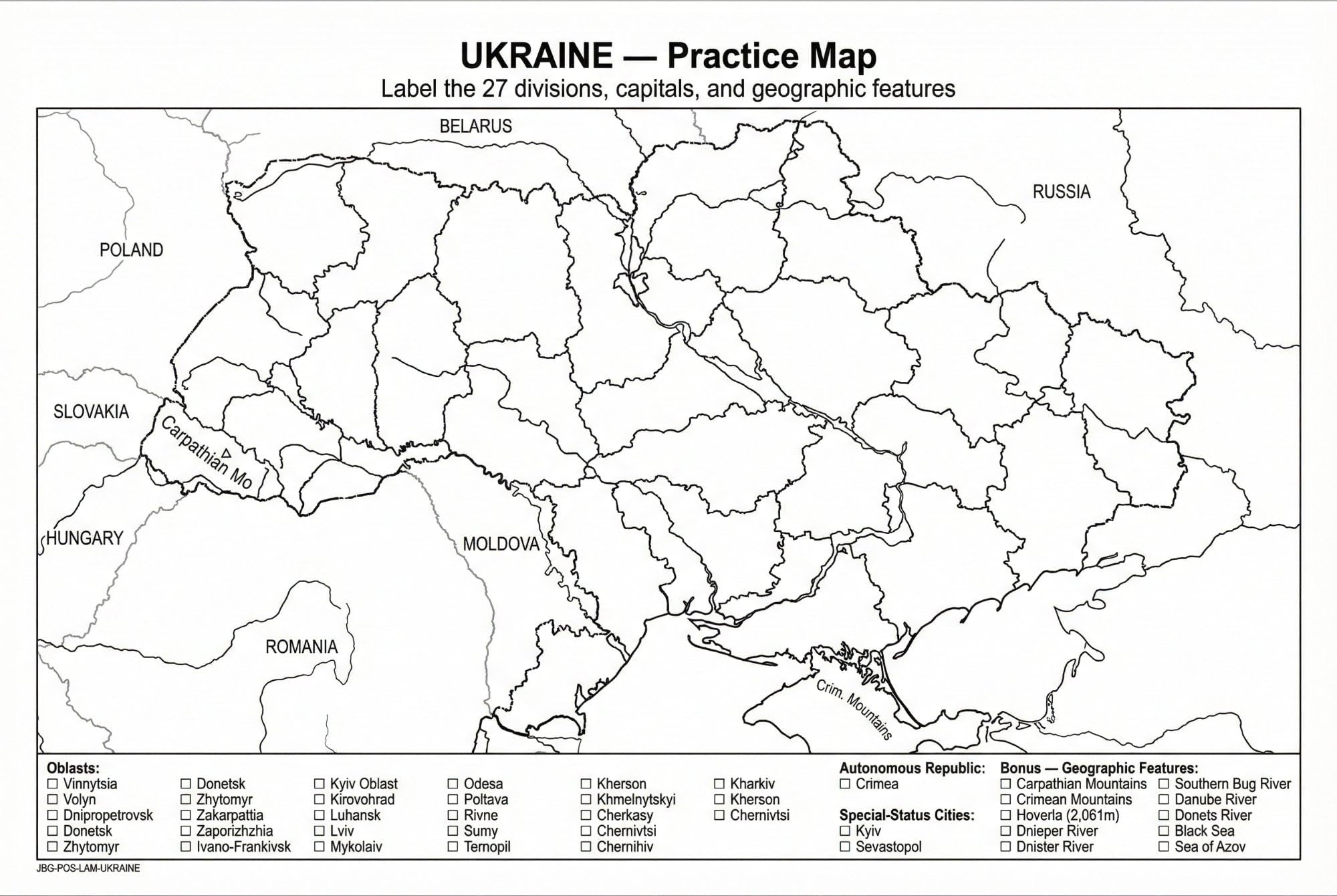 Ukraine Map Poster for Kids - Educational Geography Wall Art with 27 Oblasts, Capitals & Major Cities - Laminated