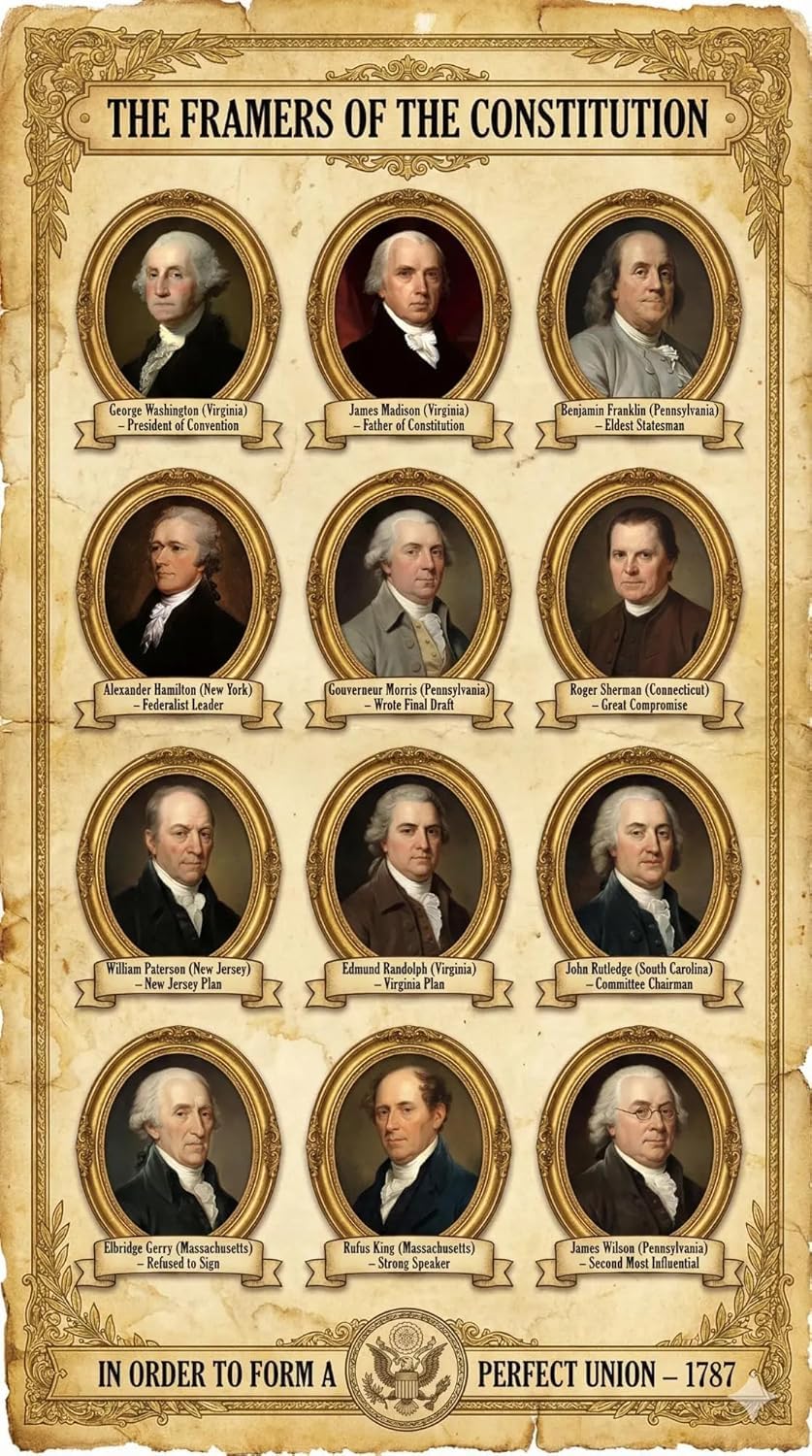 JELLY BEAN GENIUS Constitution Poster Set (4 Pack) - Framers, Summary, Flag, Article I - Laminated 11x17 - US History Classroom Bundle - Educational Wall Art