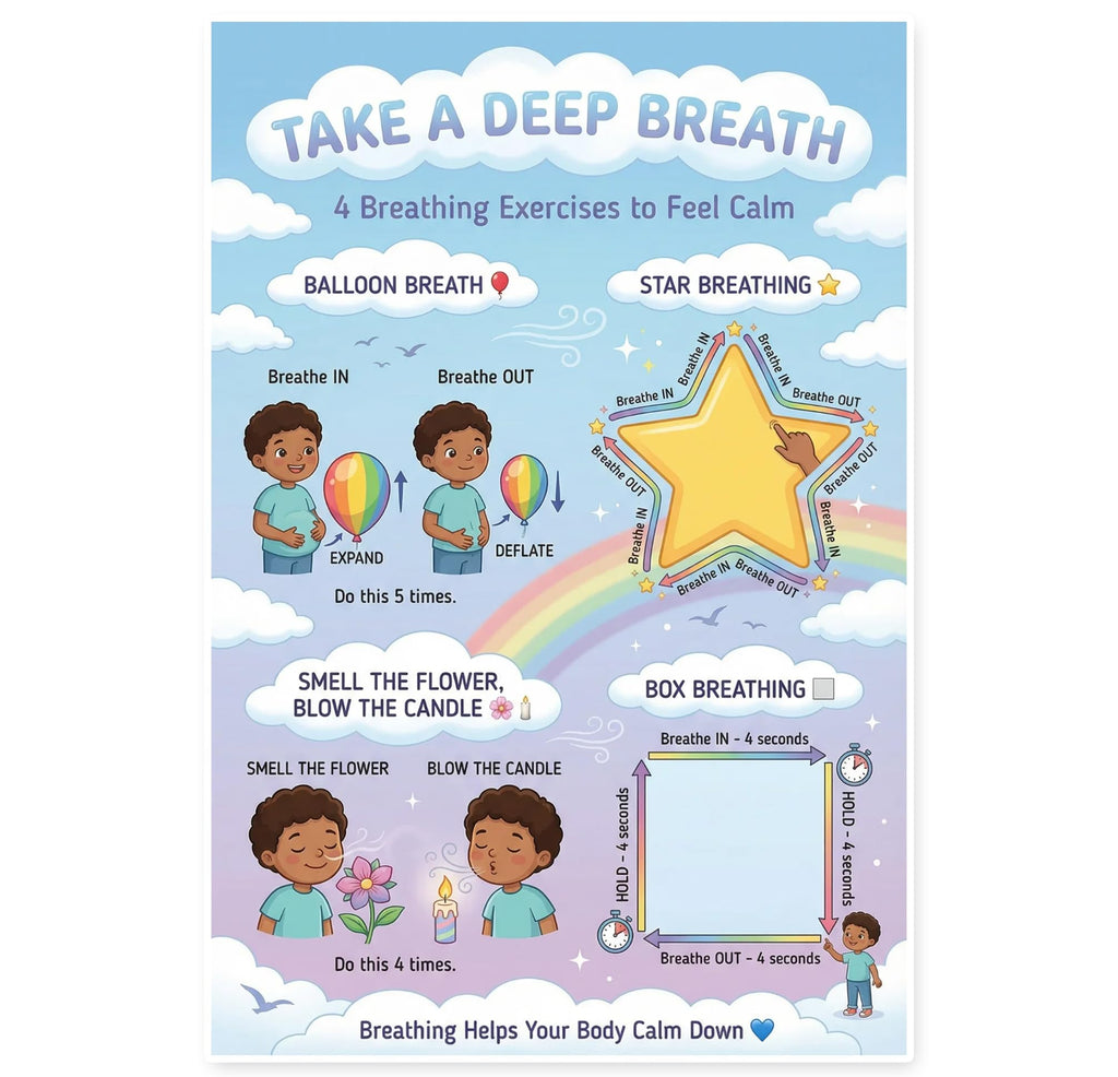 JELLY BEAN GENIUS 4 Breathing Exercises Poster for Kids – Balloon, Star, Flower & Box Breathing Emotional Awareness Visual