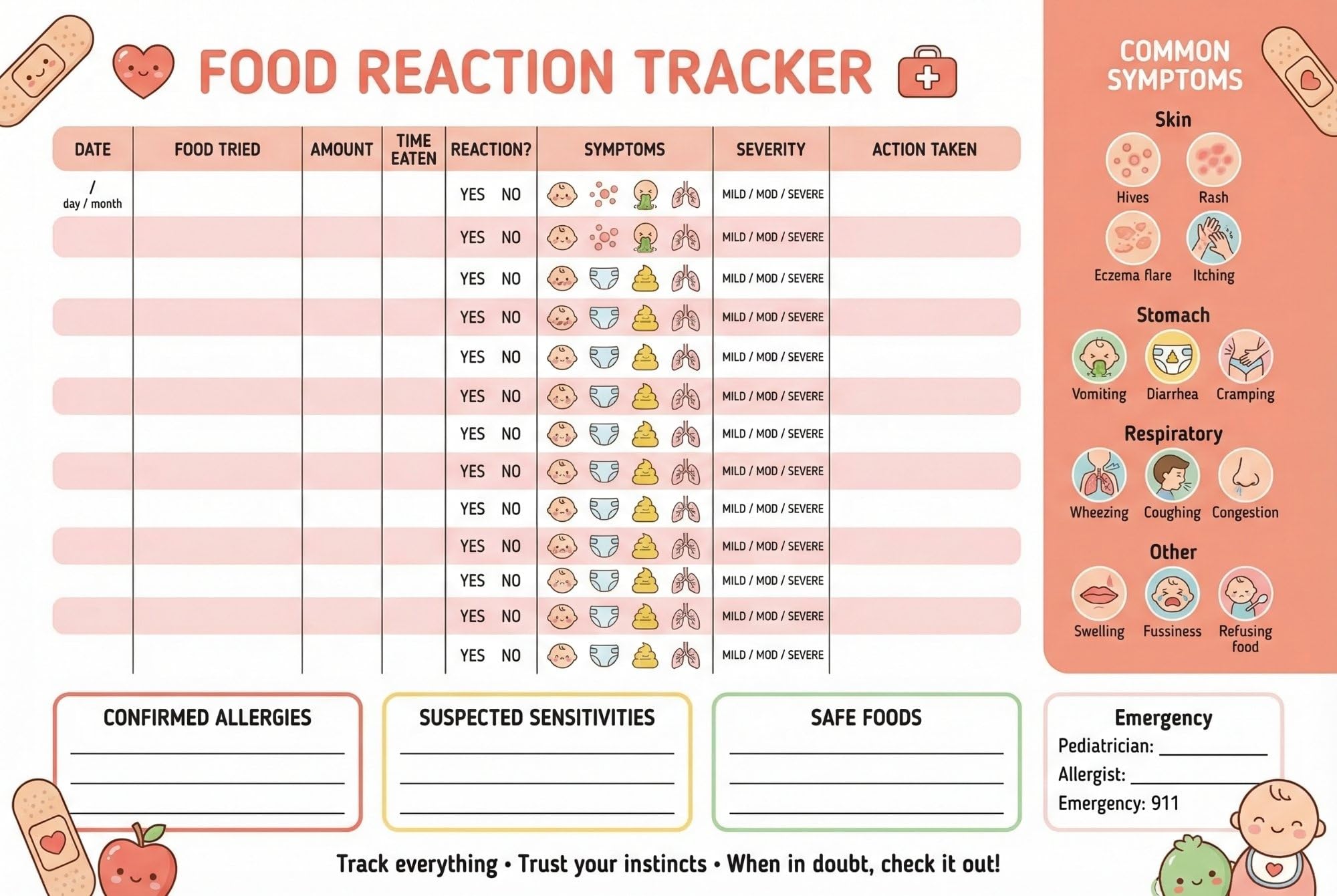 JELLY BEAN GENIUS Baby Food Introduction Poster – Top 9 Common Allergens Guide & Food Tracking Chart | Laminated Infant