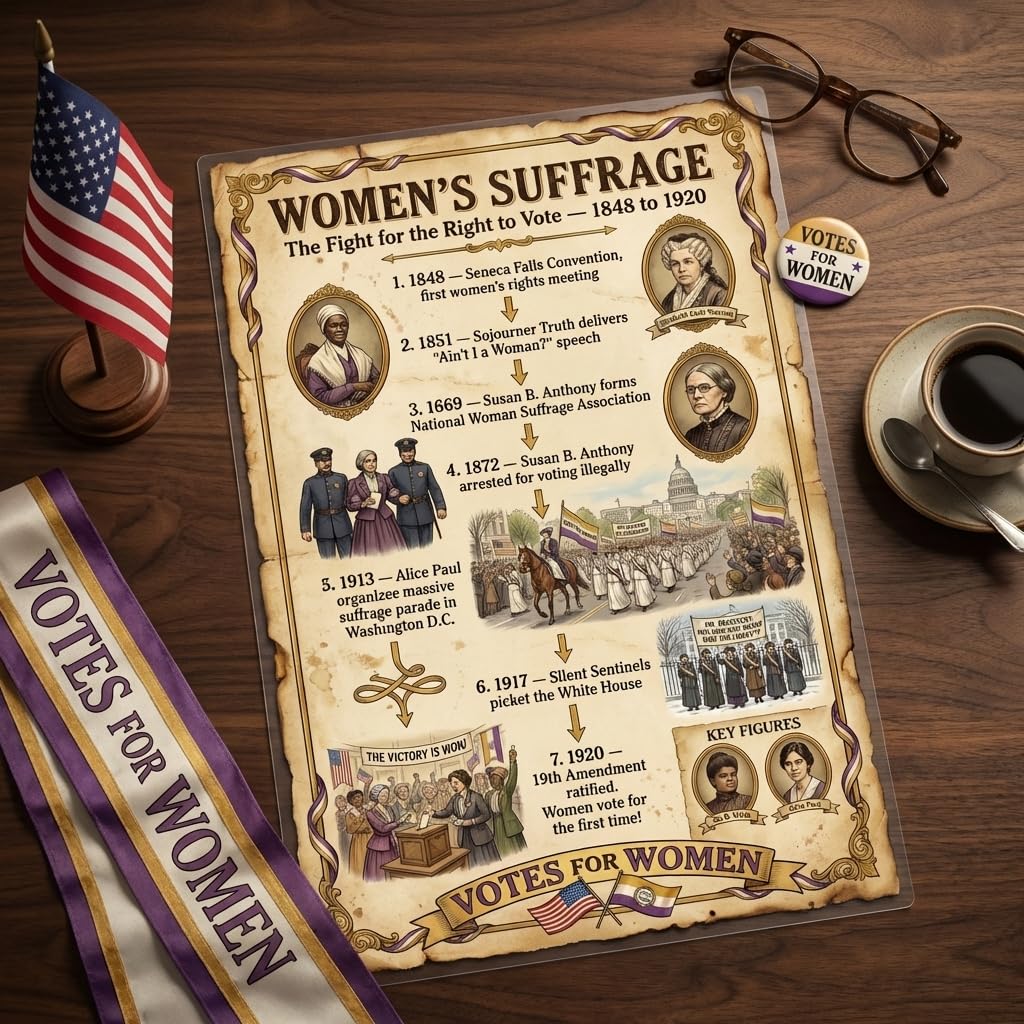 JELLY BEAN GENIUS Women’s Suffrage Poster for Kids, 11x17 Laminated US History Timeline Poster, Right to Vote 1848–1920