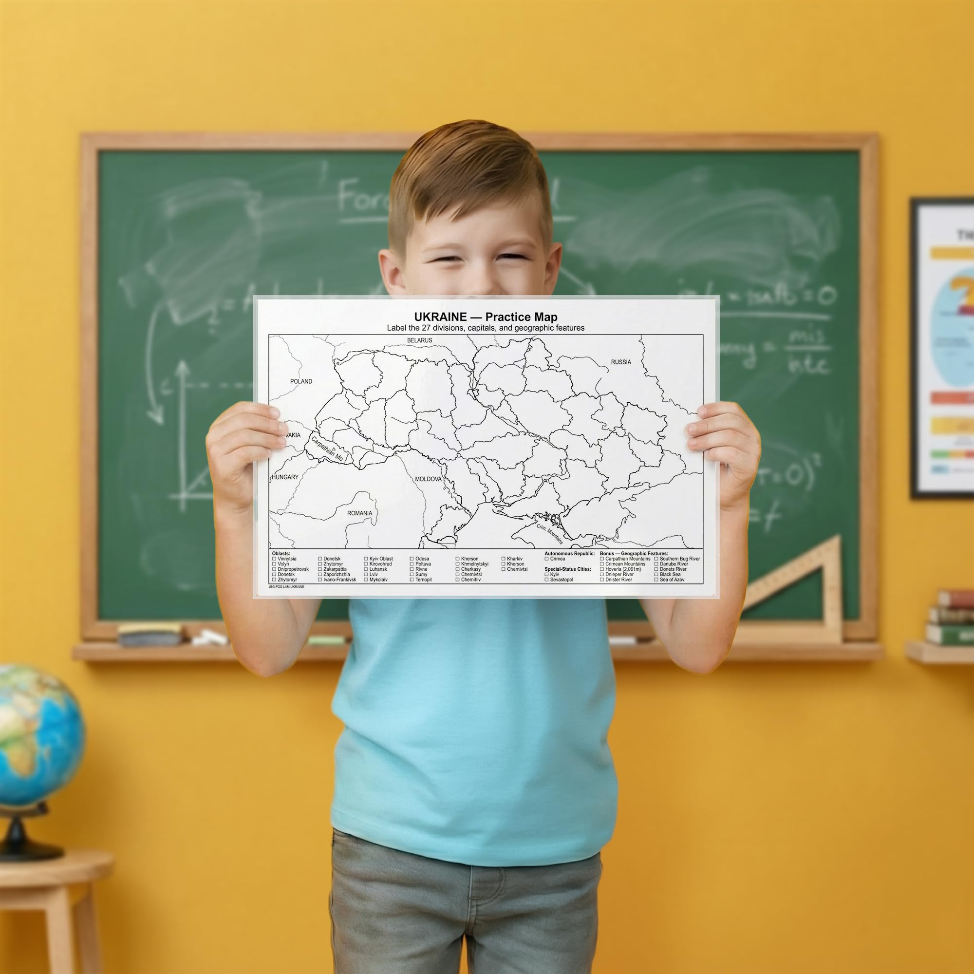 Ukraine Map Poster for Kids - Educational Geography Wall Art with 27 Oblasts, Capitals & Major Cities - Laminated