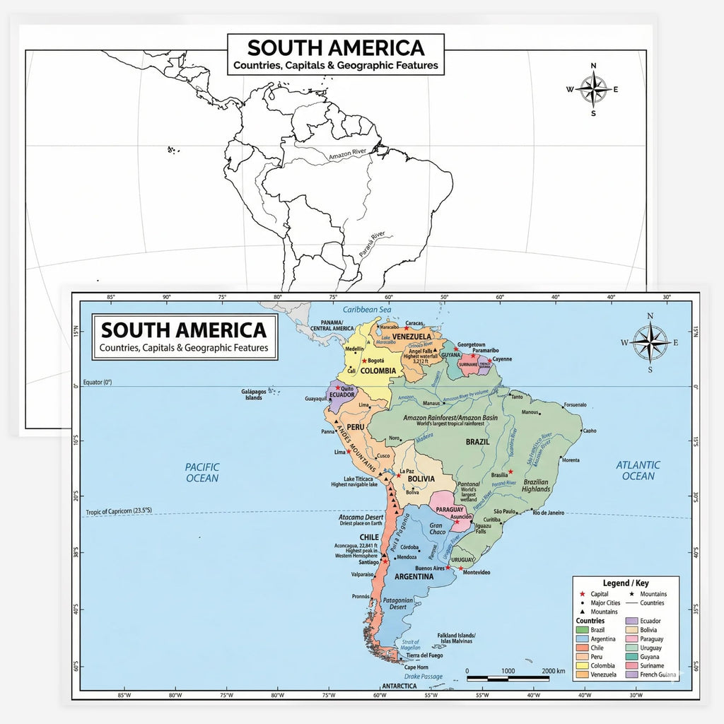 South America Map 11x17 Laminated Dry Erase Geography Chart | Double-Sided with Color Front & Blank Outline Back | Reusable