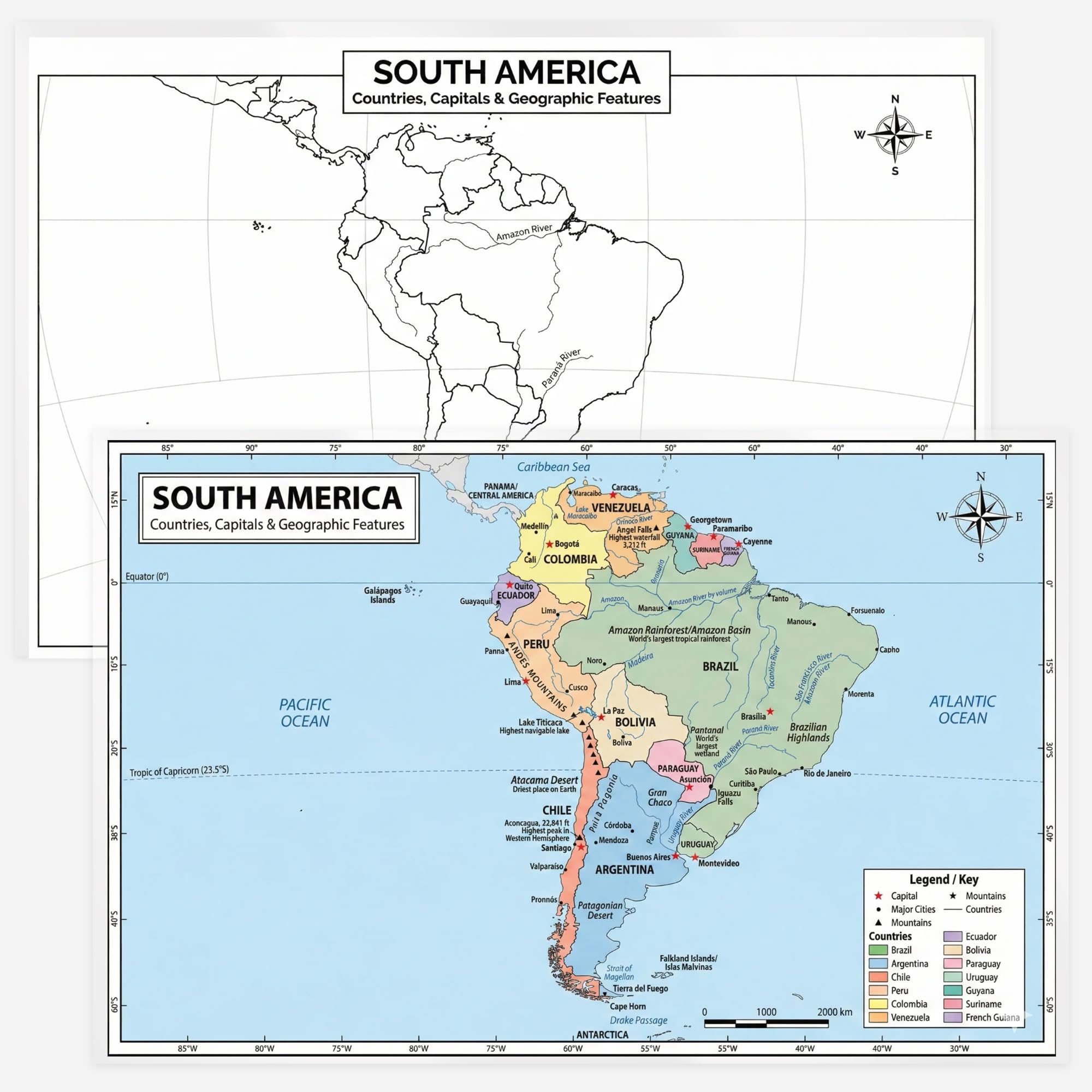 South America Map 11x17 Laminated Dry Erase Geography Chart | Double-Sided with Color Front & Blank Outline Back | Reusable