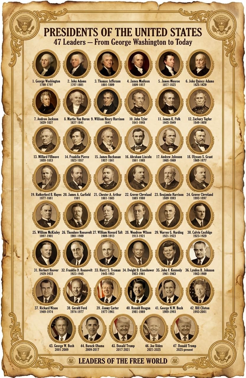 JELLY BEAN GENIUS US Presidents Poster for Kids, 11x17 Laminated American History Poster, All 47 Presidents with Portraits