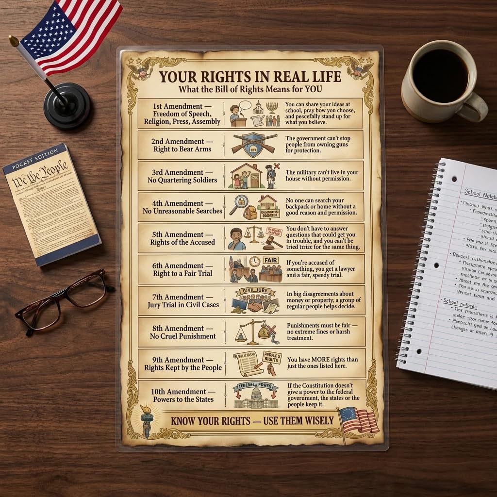 JELLY BEAN GENIUS Bill of Rights Poster for Kids, 11x17 Laminated US Civics Poster, 10 Amendments Explained, Classroom &