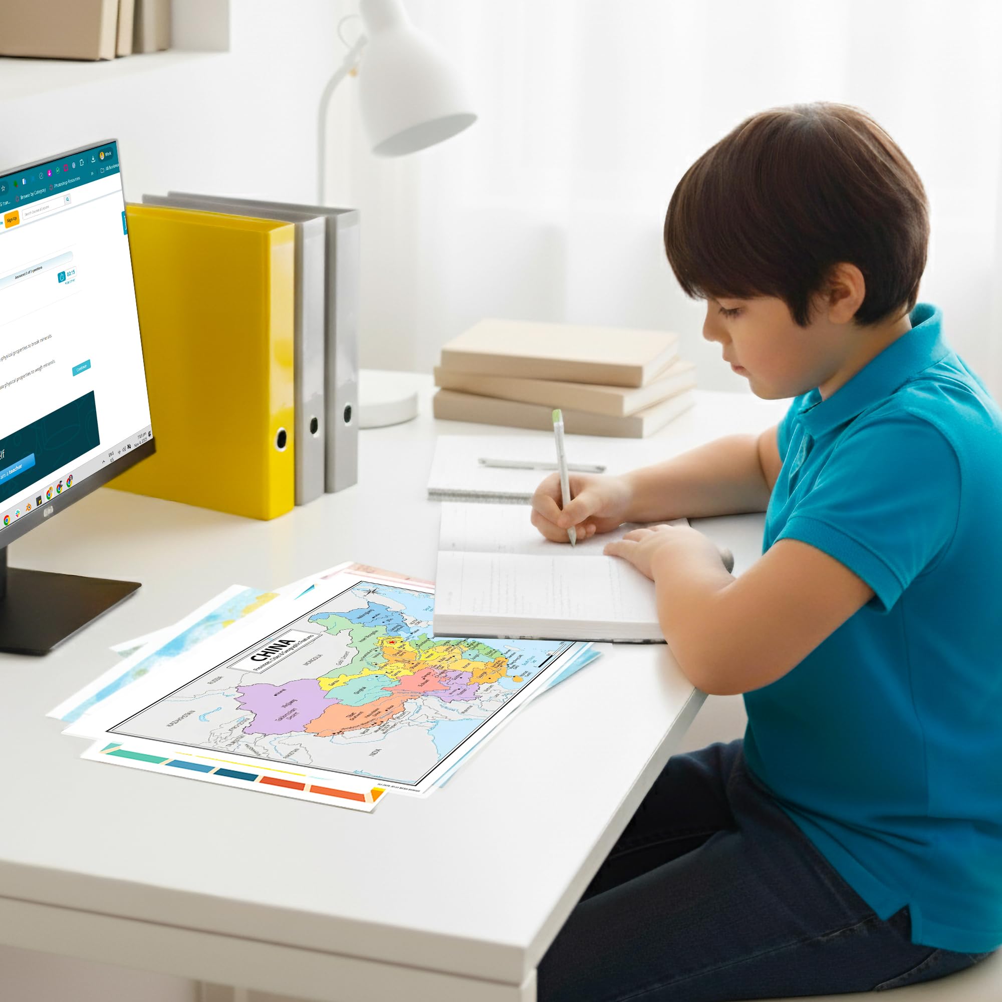 China Map Poster for Kids - 2-Sided Laminated 8.5x11, Provinces Cities & Geographic Features with Blank Practice Map