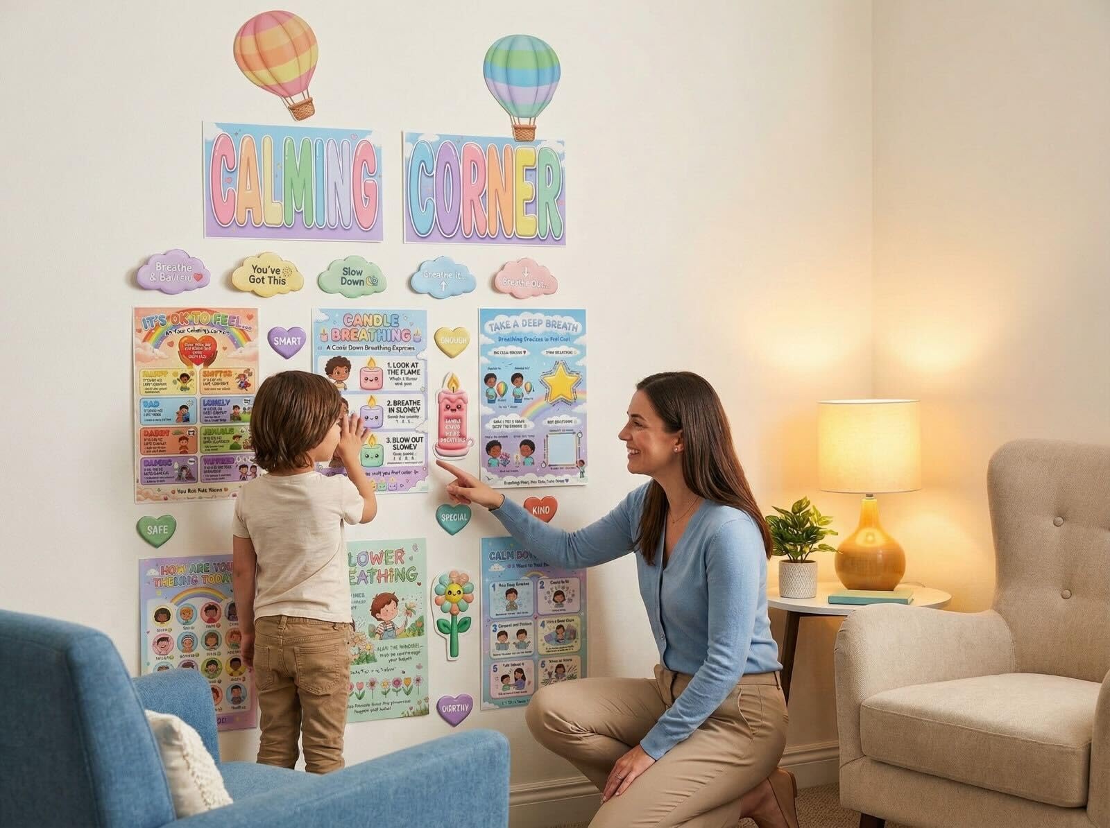 JELLY BEAN GENIUS Calming Corner Wall System for Kids – 29-Piece Social Emotional Learning & Emotional Awarenesss Visuals