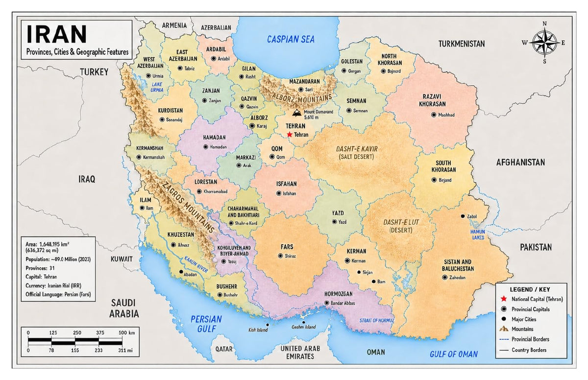 Iran Map Poster, Provinces & Capitals, Double-Sided Laminated, 11x17