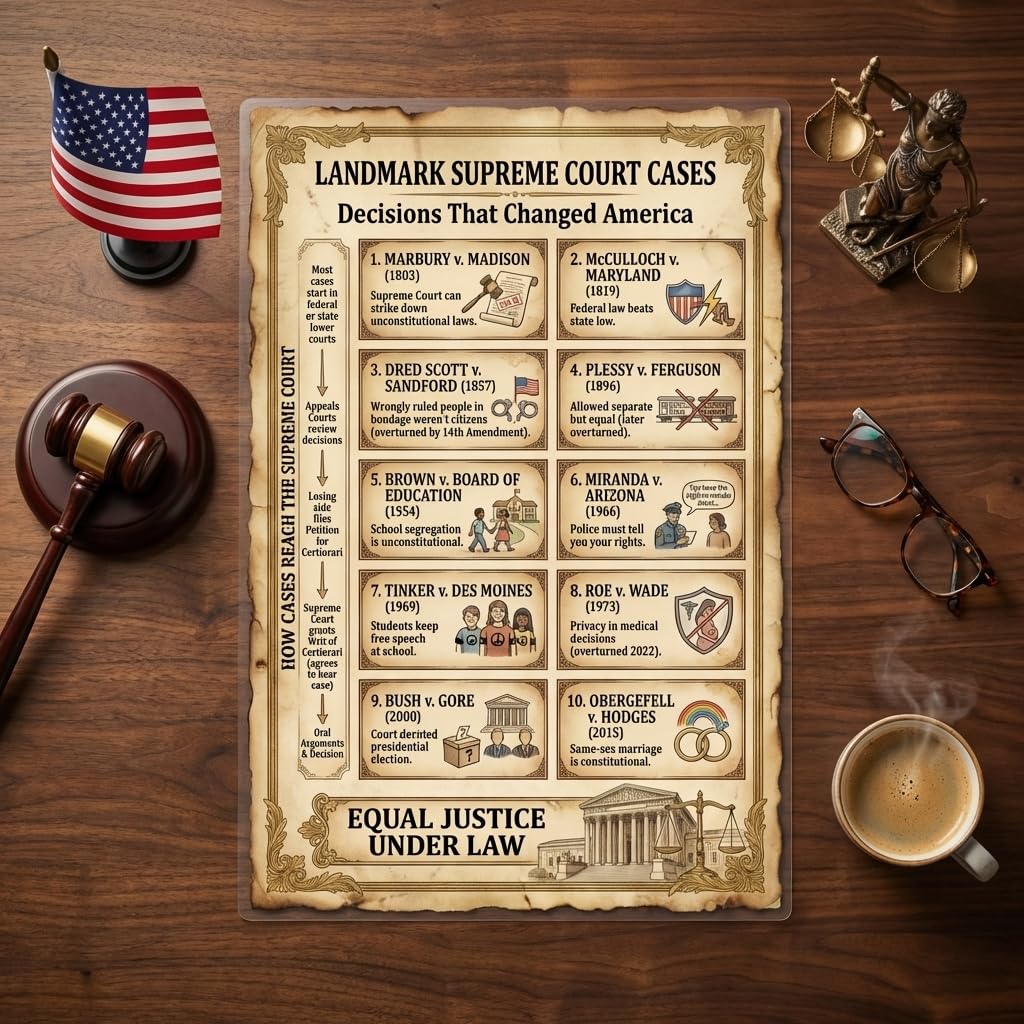 JELLY BEAN GENIUS Supreme Court Cases Poster for Kids, 11x17 Laminated Civics Chart, 10 Landmark Decisions Explained