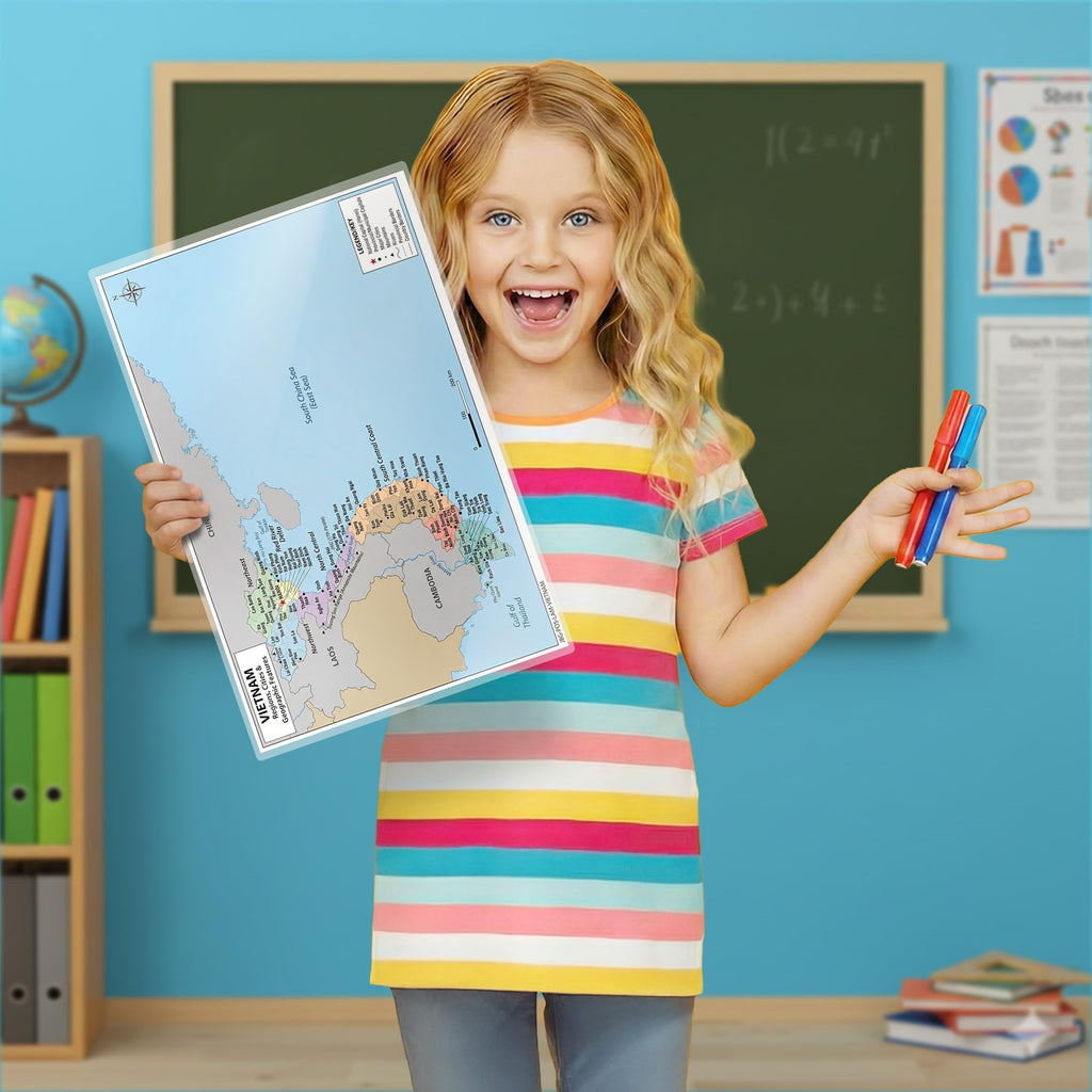 Vietnam Map Poster for Kids - Educational Geography Wall Art with 63 Provinces, Capitals & Major Cities - Laminated