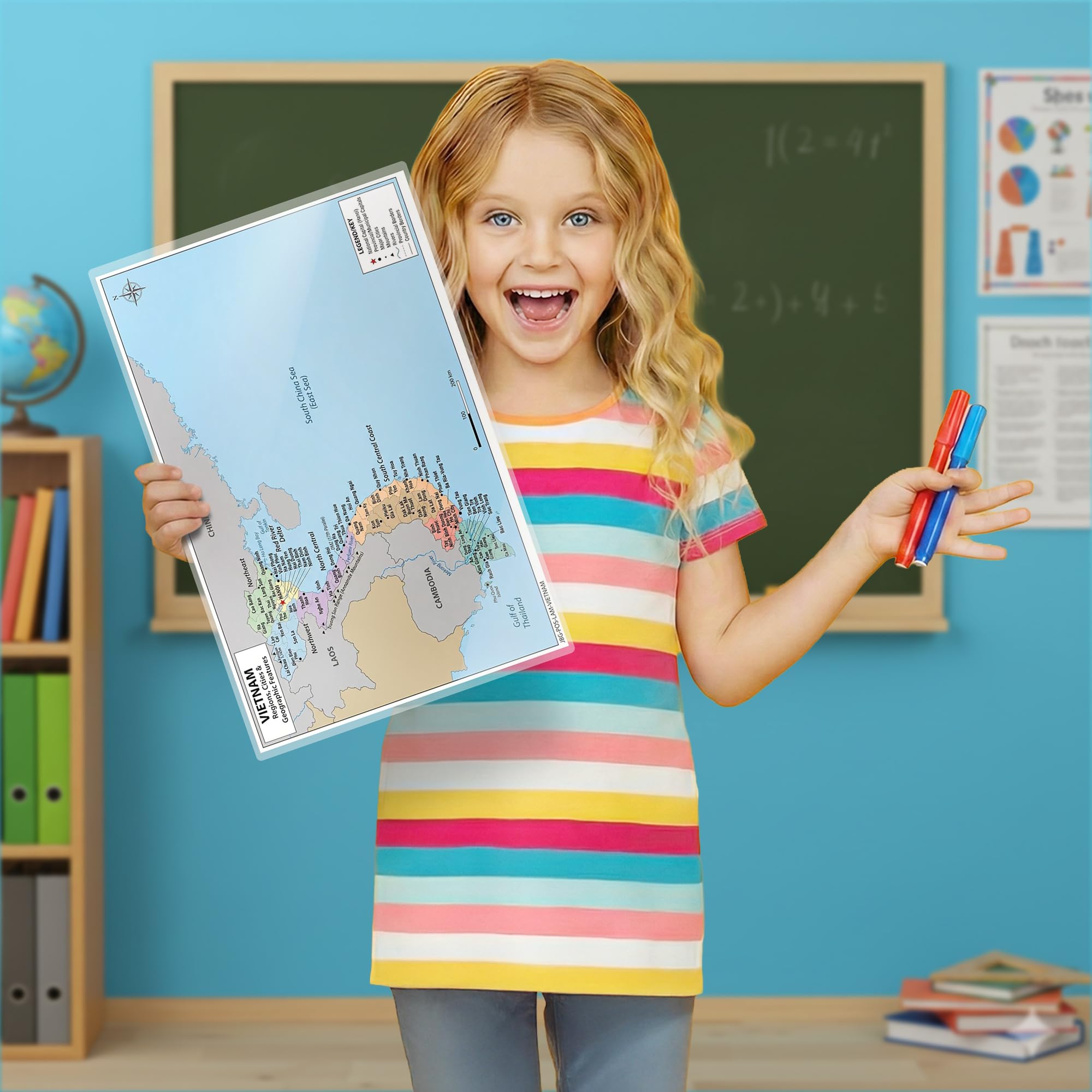 Vietnam Map Poster for Kids - Educational Geography Wall Art with 63 Provinces, Capitals & Major Cities - Laminated