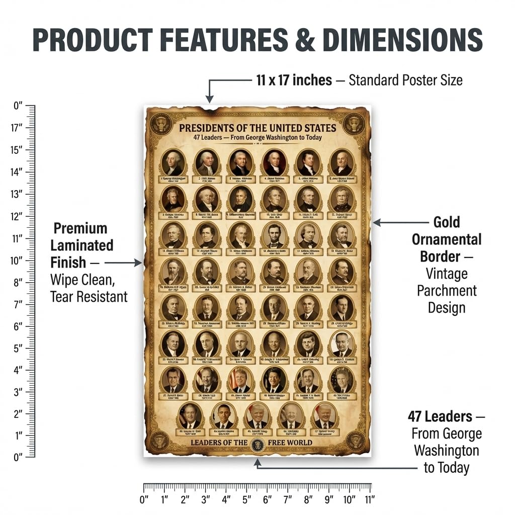 JELLY BEAN GENIUS US Presidents Poster for Kids, 11x17 Laminated American History Poster, All 47 Presidents with Portraits
