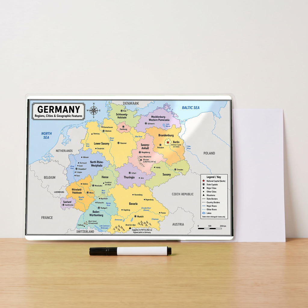 Germany Map Poster, States & Capitals, Double-Sided Laminated, 11x17