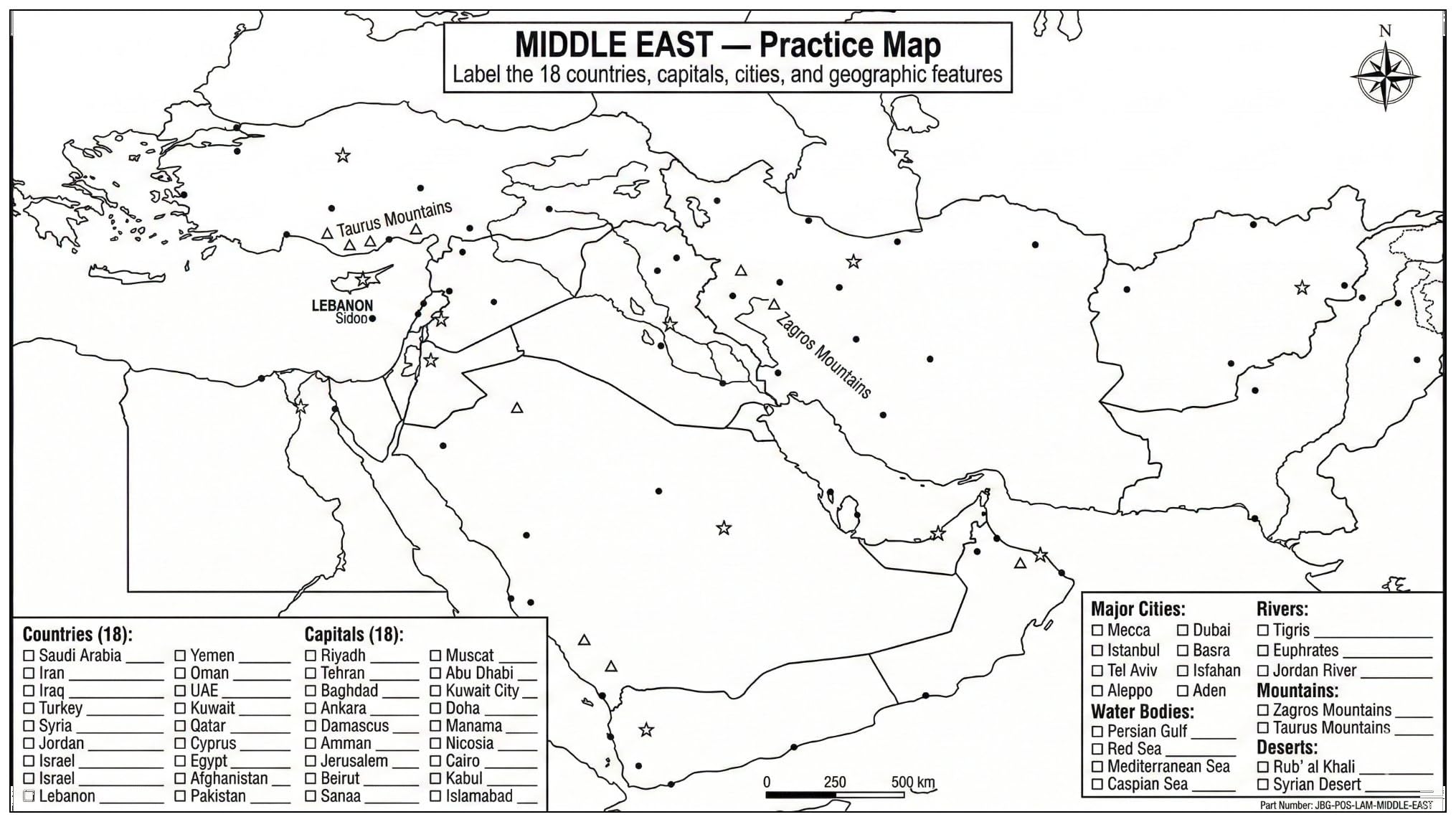 JELLY BEAN GENIUS Middle East Poster 11x17 | Laminated Double-Sided Geography Chart with Color Map Front & Blank Outline