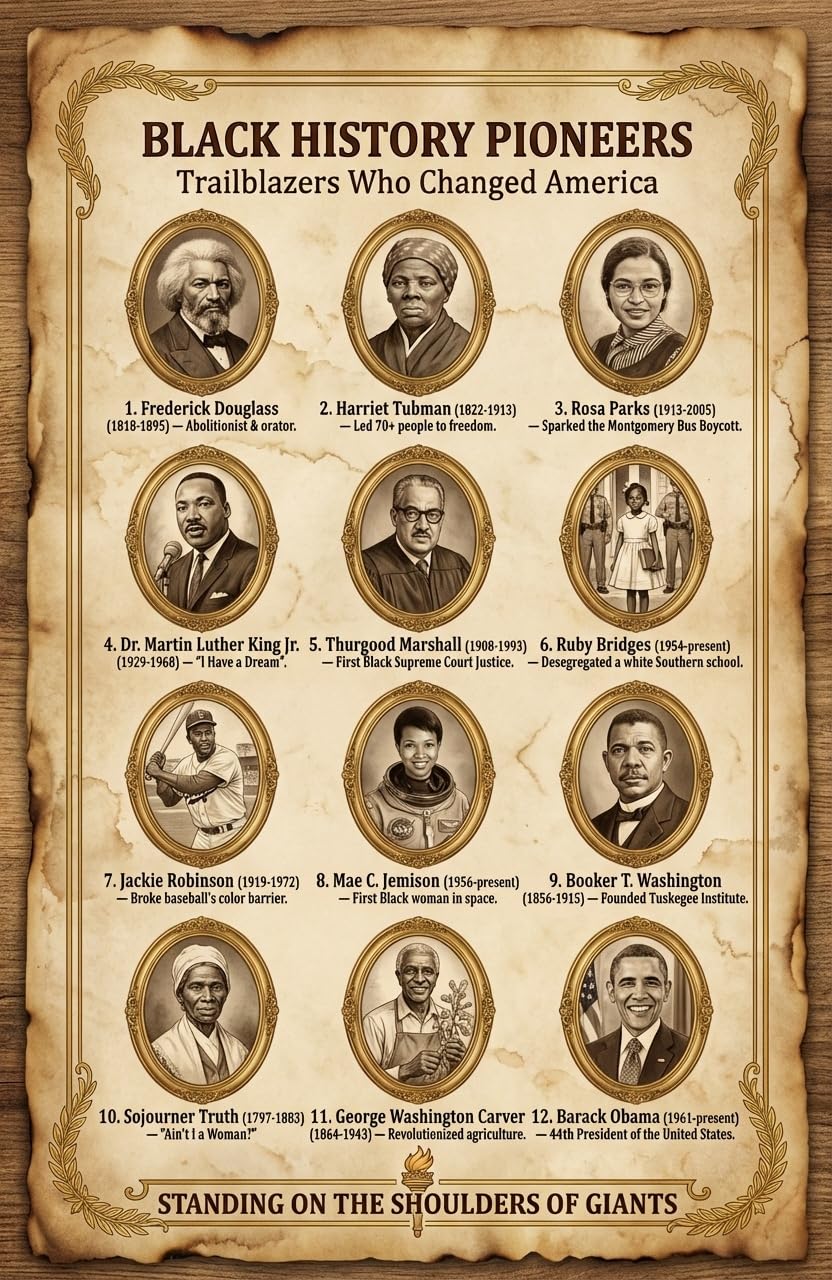 JELLY BEAN GENIUS Black History Pioneers Poster for Kids, 11x17 Laminated African American History Poster, 12 Trailblazers
