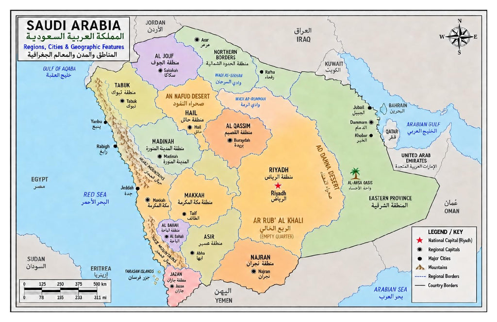 Saudi Arabia Map Poster, Arabic & English, Double-Sided Laminated, 11x17