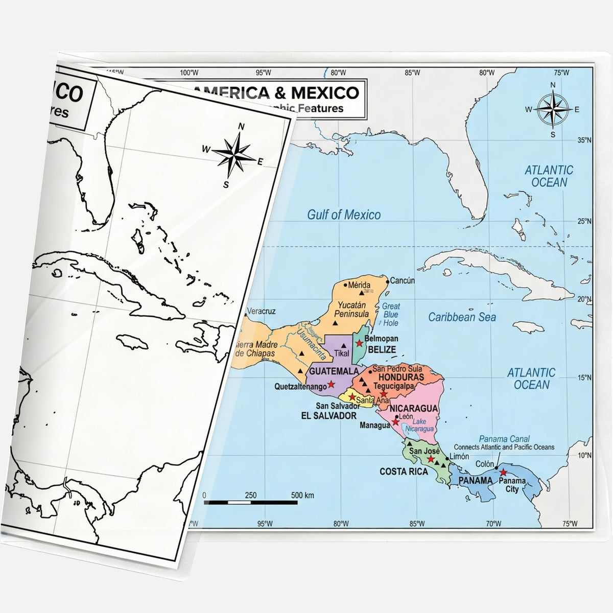 Central America & Mexico Map 11x17 Laminated Dry Erase Geography Chart | Double-Sided with Color Front & Blank Outline Back | Reusable Classroom & Homeschool Tool