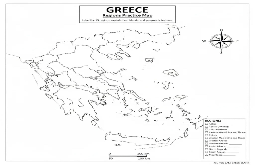 Greece Map Poster 11x17 | Laminated Double-Sided Geography Chart with Color Map Front & Blank Outline Back | Reusable