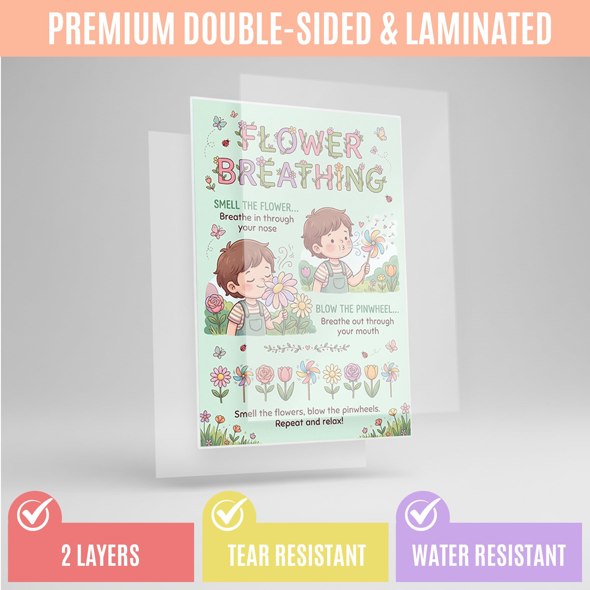 JELLY BEAN GENIUS Smell the Flower Blow the Pinwheel Breathing Poster for Kids – Deep Breathing & Emotional Awareness