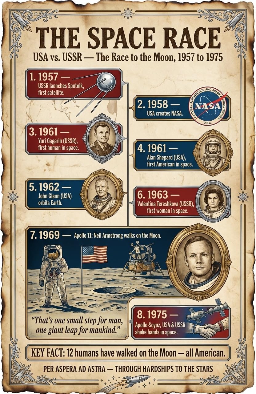 Space Race Poster for Kids, 11x17 Laminated History Timeline Poster, USA vs USSR 1957–1975, Moon Landing & NASA, Classroom