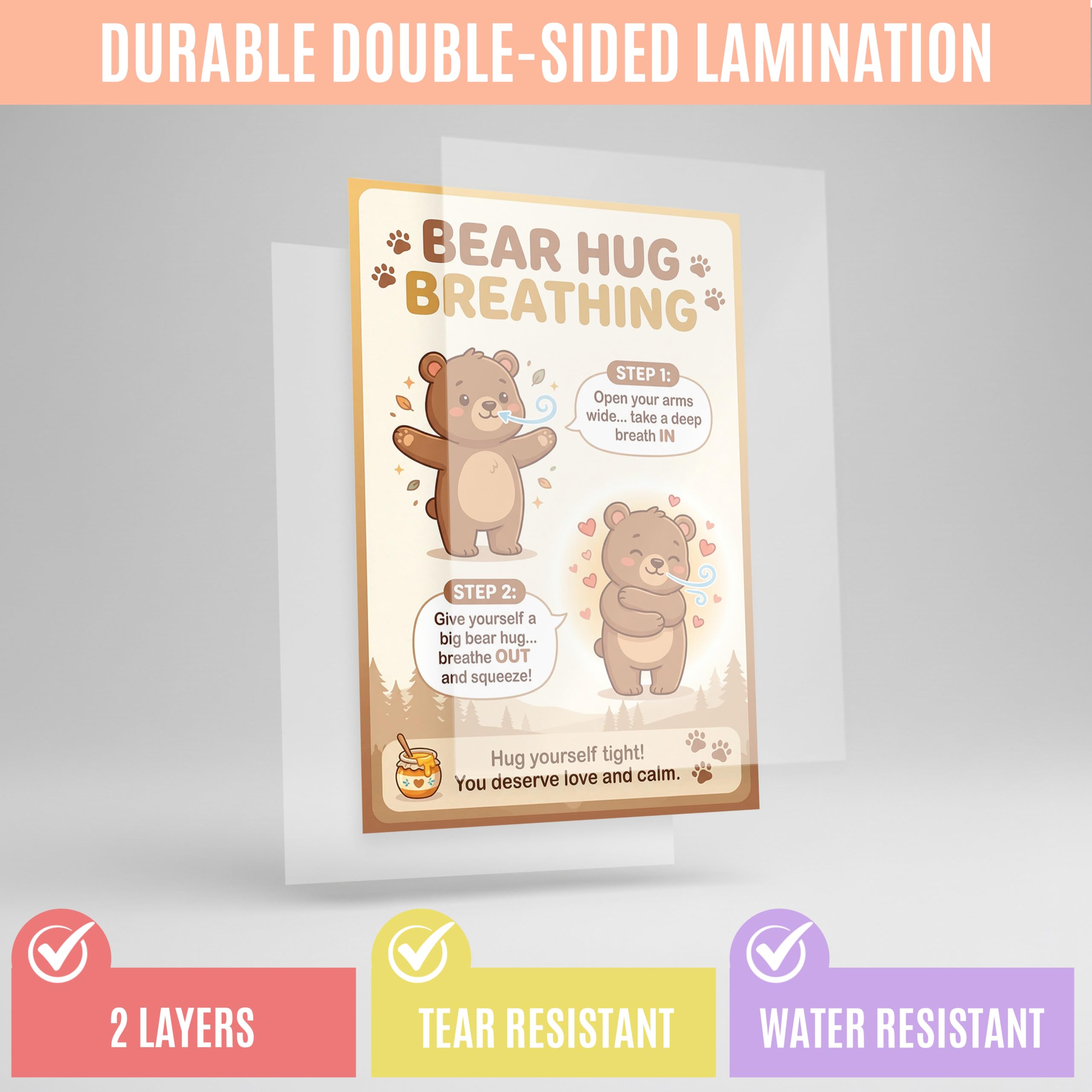 JELLY BEAN GENIUS Bear Hug Breathing Poster for Kids – Self-Hug Calming Technique, Calm Corner Classroom Decor, SEL Social