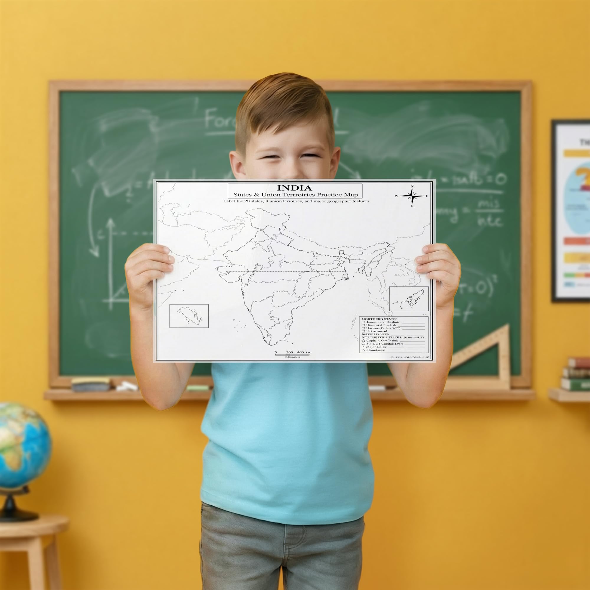 India Map Poster 11x17 | Laminated Double-Sided Geography Chart with Color Map Front & Blank Outline Back | Reusable