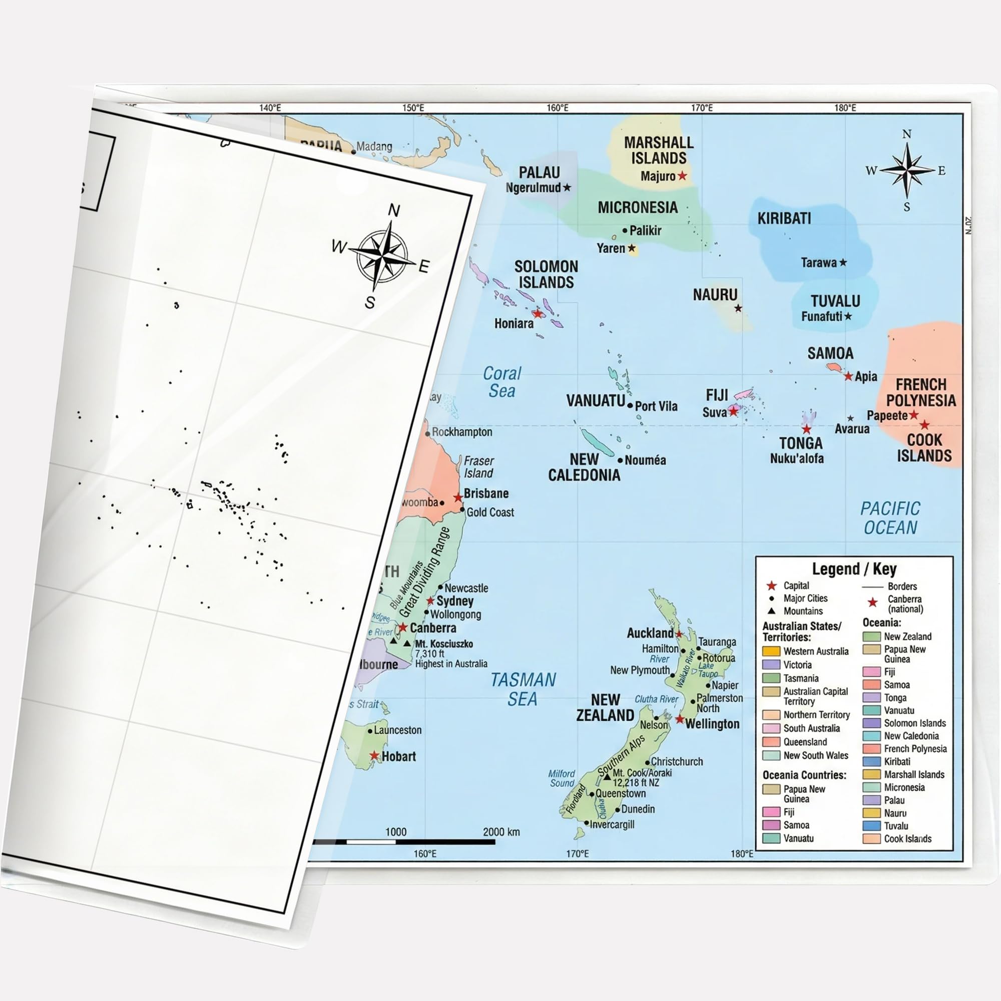 Australia & Oceania Map 11x17 Laminated Dry Erase Geography Chart | Double-Sided with Color Front & Blank Outline Back |