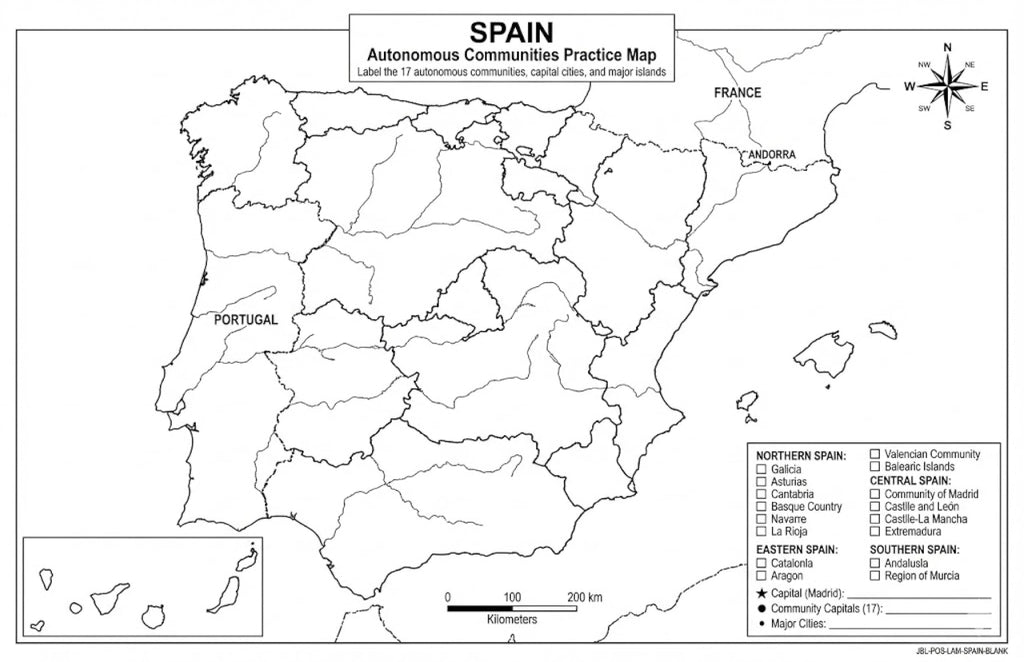 Spain Map Poster 11x17 | Laminated Double-Sided Geography Chart with Color Map Front & Blank Outline Back | Reusable