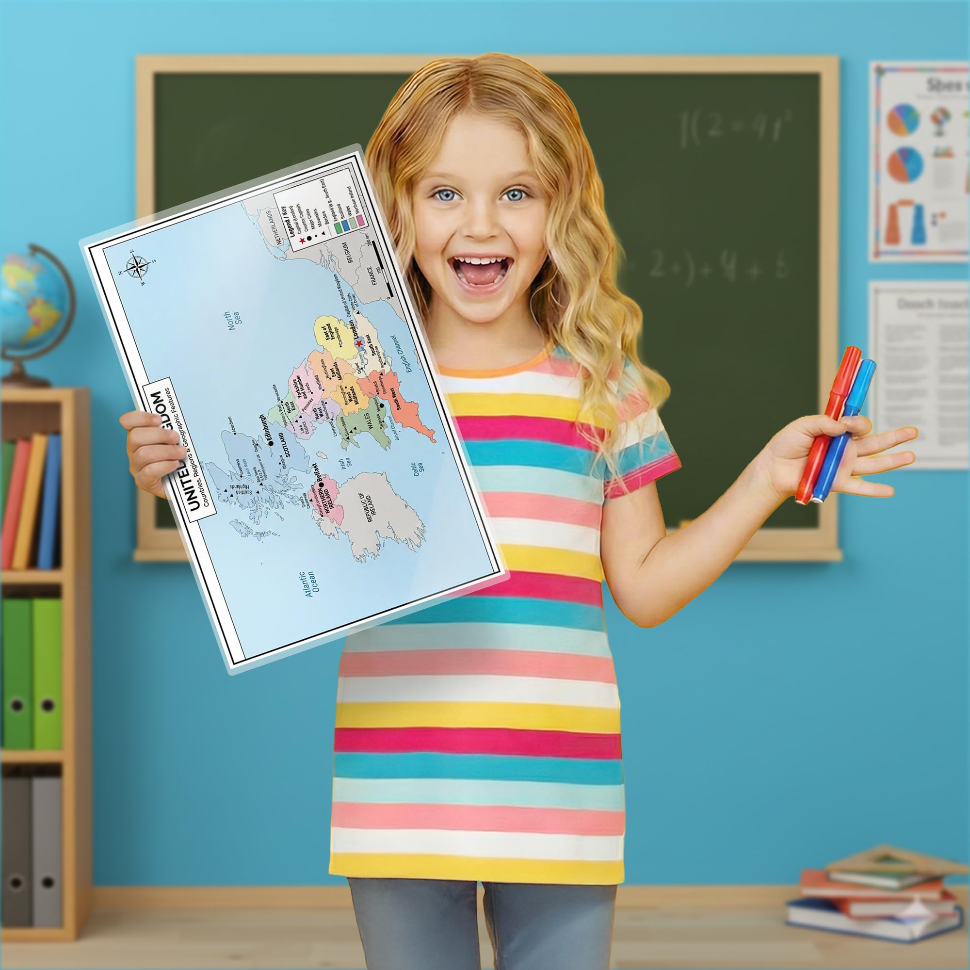 United Kingdom Poster 11x17 | Laminated Double-Sided Geography Chart with Color Map Front & Blank Outline Back | Reusable