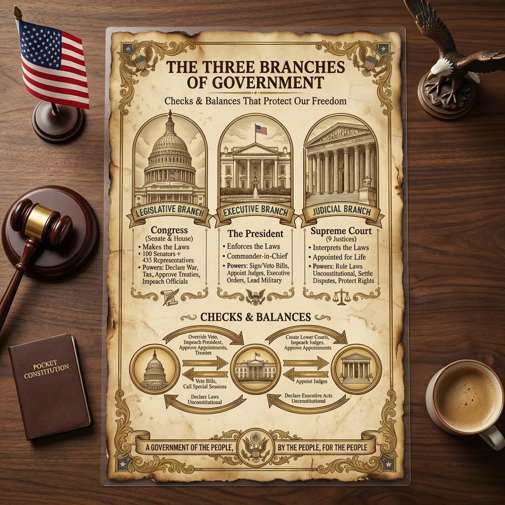 JELLY BEAN GENIUS Three Branches of Government Poster for Kids, 11x17 Laminated US Civics Poster, Legislative Executive