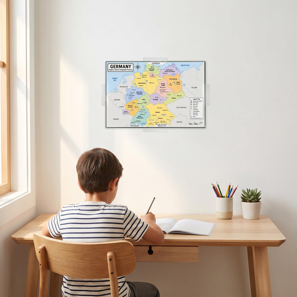 Germany Map Poster, States & Capitals, Double-Sided Laminated, 11x17