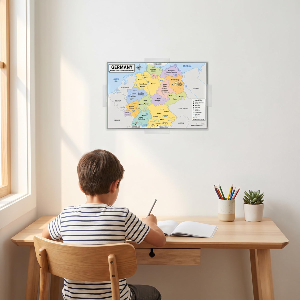 Germany Map Poster, States & Capitals, Double-Sided Laminated, 11x17