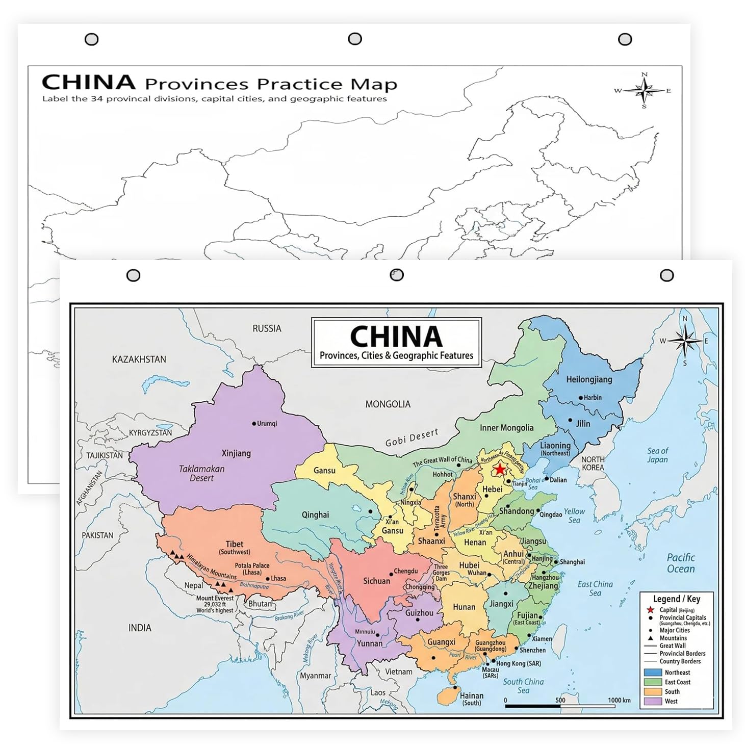 China Map Poster for Kids - 2-Sided Laminated 8.5x11, Provinces Cities & Geographic Features with Blank Practice Map