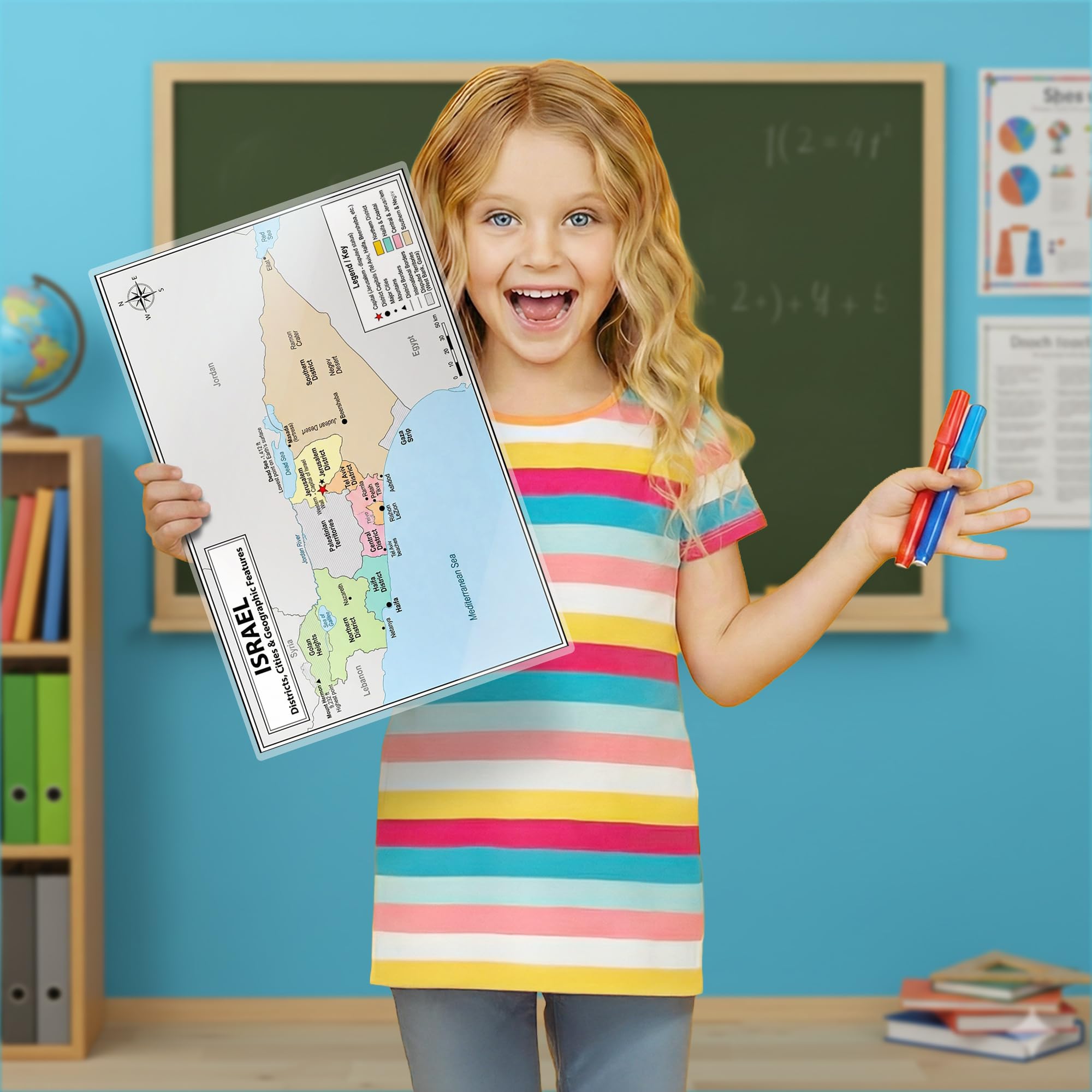 Israel Map Poster 11x17 | Laminated Double-Sided Geography Chart with Color Map Front & Blank Outline Back | Reusable