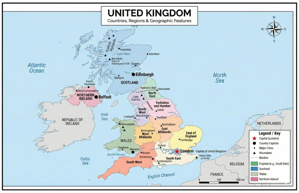 United Kingdom Poster 11x17 | Laminated Double-Sided Geography Chart with Color Map Front & Blank Outline Back | Reusable
