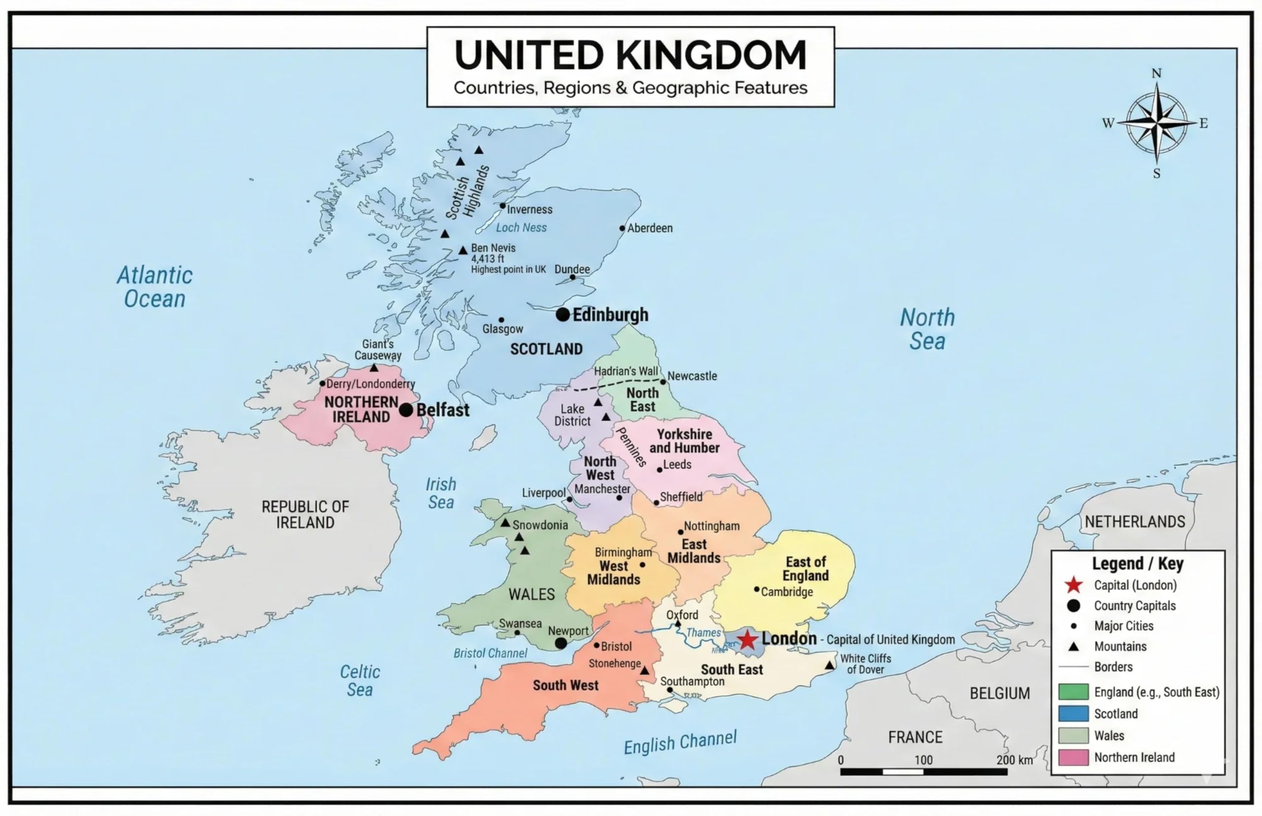 United Kingdom Poster 11x17 | Laminated Double-Sided Geography Chart with Color Map Front & Blank Outline Back | Reusable