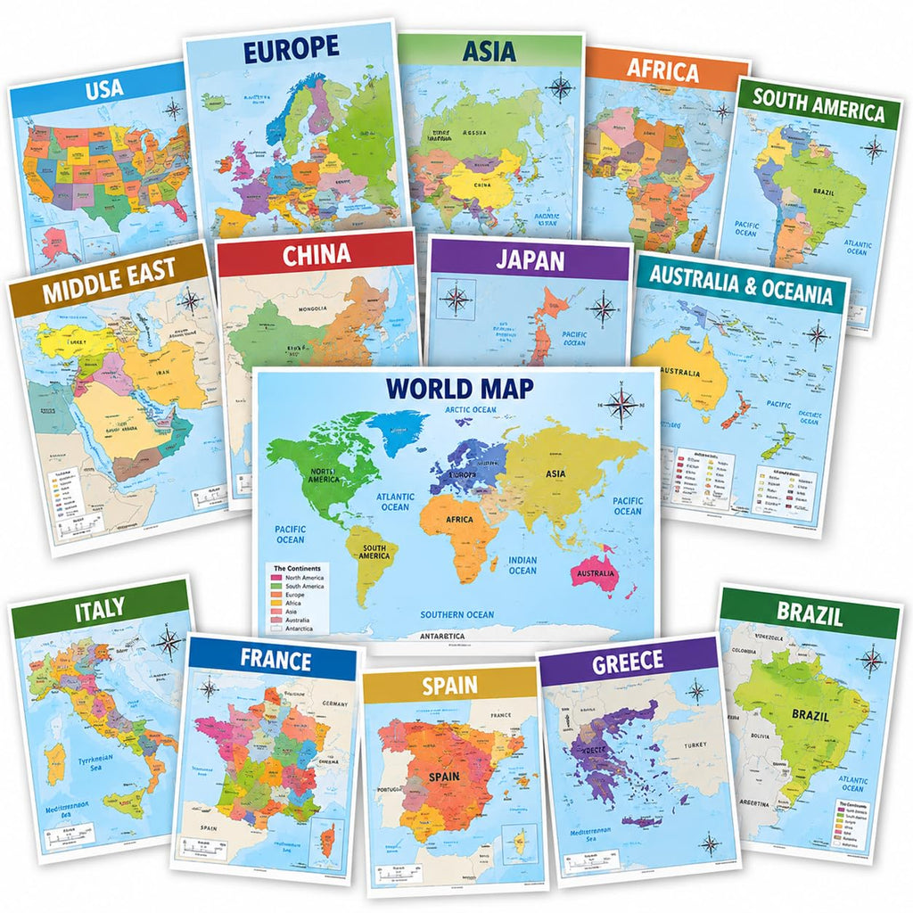 Custom Map Posters, Choose 5-10, 11x17 Laminated Geography Charts