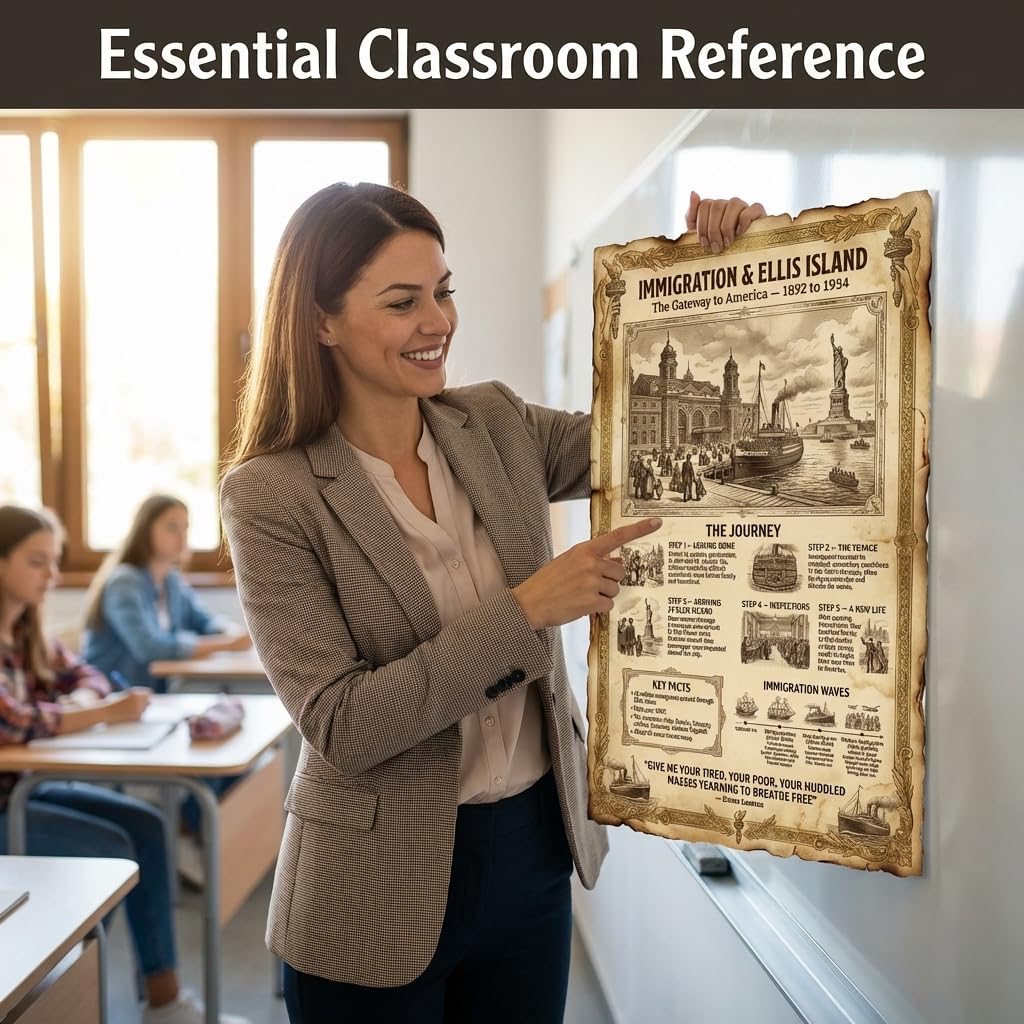 JELLY BEAN GENIUS Ellis Island Immigration Poster for Kids, 11x17 Laminated US History Chart, Gateway to America 1892–1954