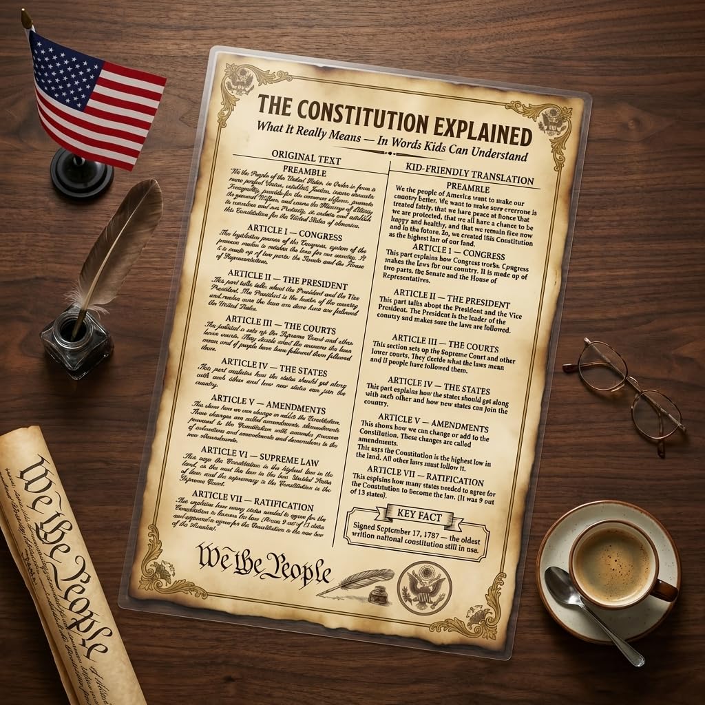 JELLY BEAN GENIUS US Constitution Poster for Kids, 11x17 Laminated Civics Chart, Original Text with Kid-Friendly