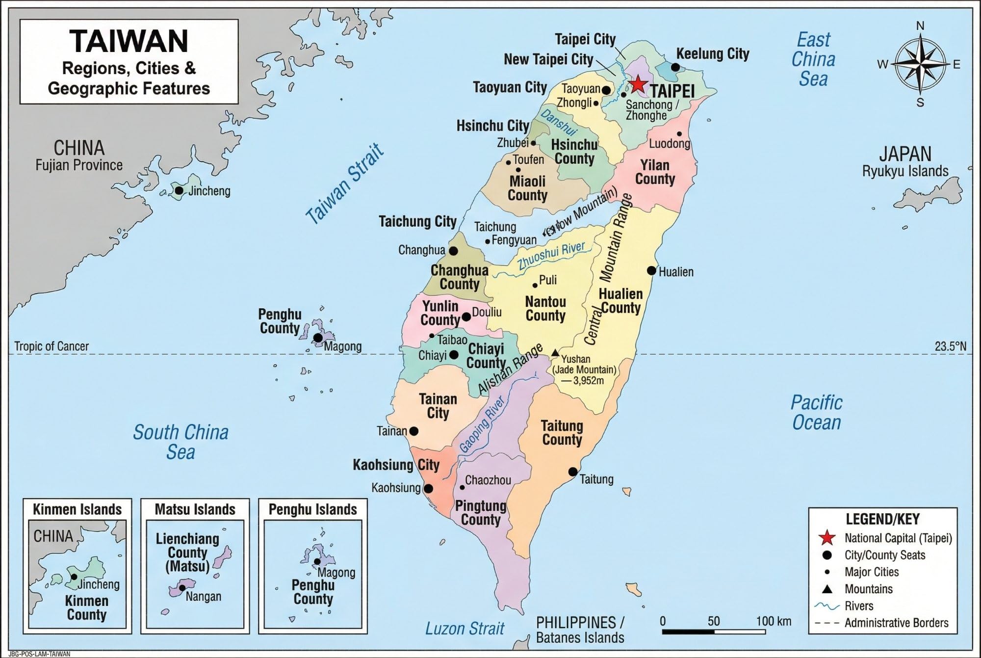 Taiwan Map Poster for Kids - Educational Geography Wall Art with 22 Divisions, Capitals & Major Cities - Laminated