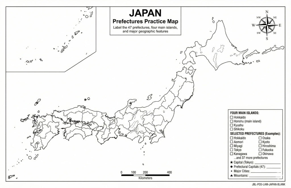 Japan Map Poster 11x17 | Laminated Double-Sided Geography Chart with Color Map Front & Blank Outline Back | Reusable