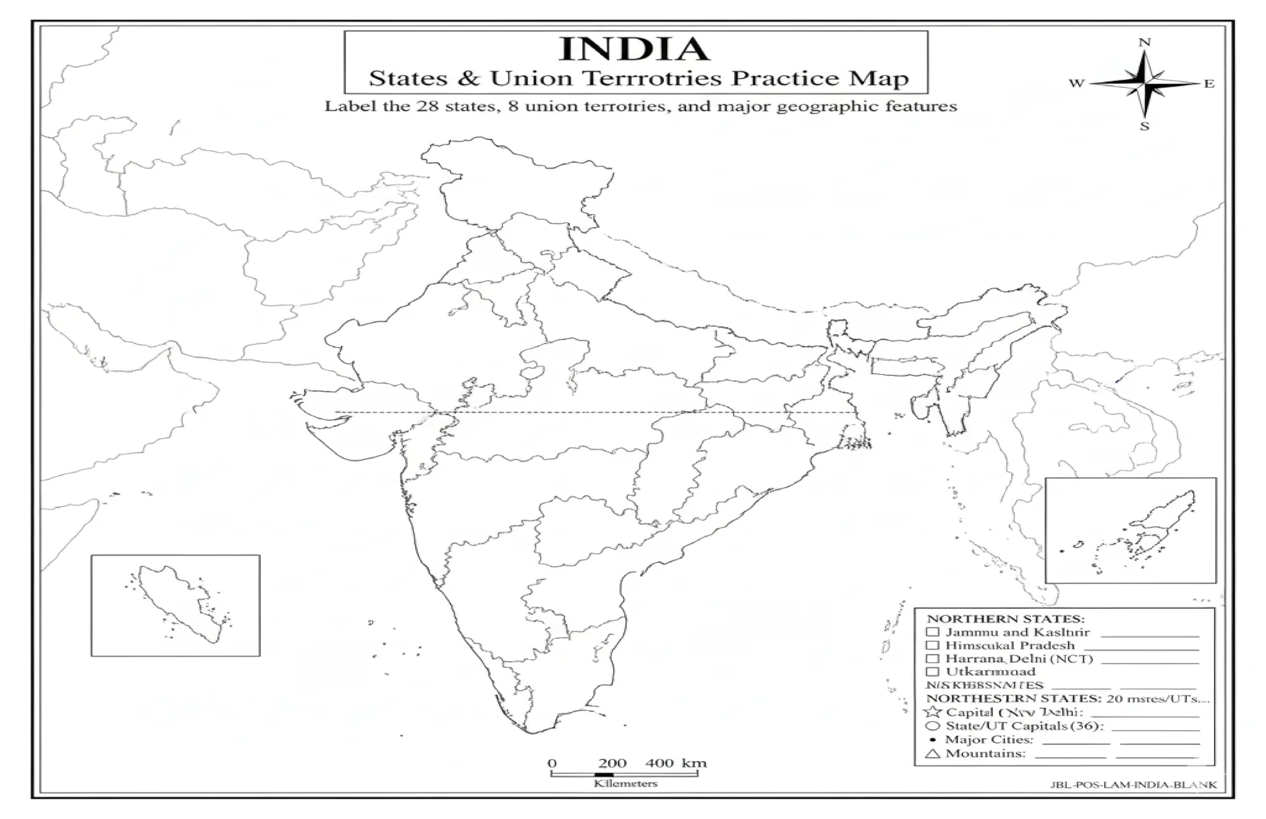 India Map Poster 11x17 | Laminated Double-Sided Geography Chart with Color Map Front & Blank Outline Back | Reusable