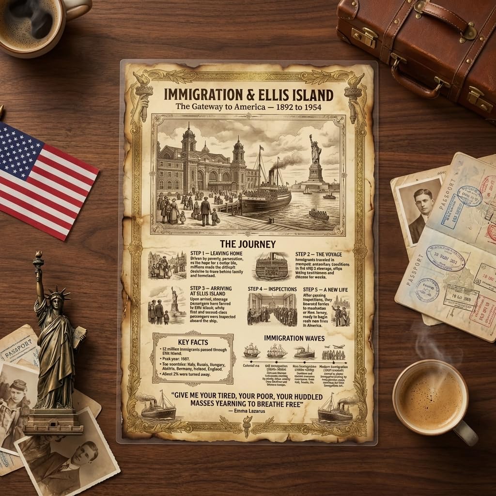 JELLY BEAN GENIUS Ellis Island Immigration Poster for Kids, 11x17 Laminated US History Chart, Gateway to America 1892–1954