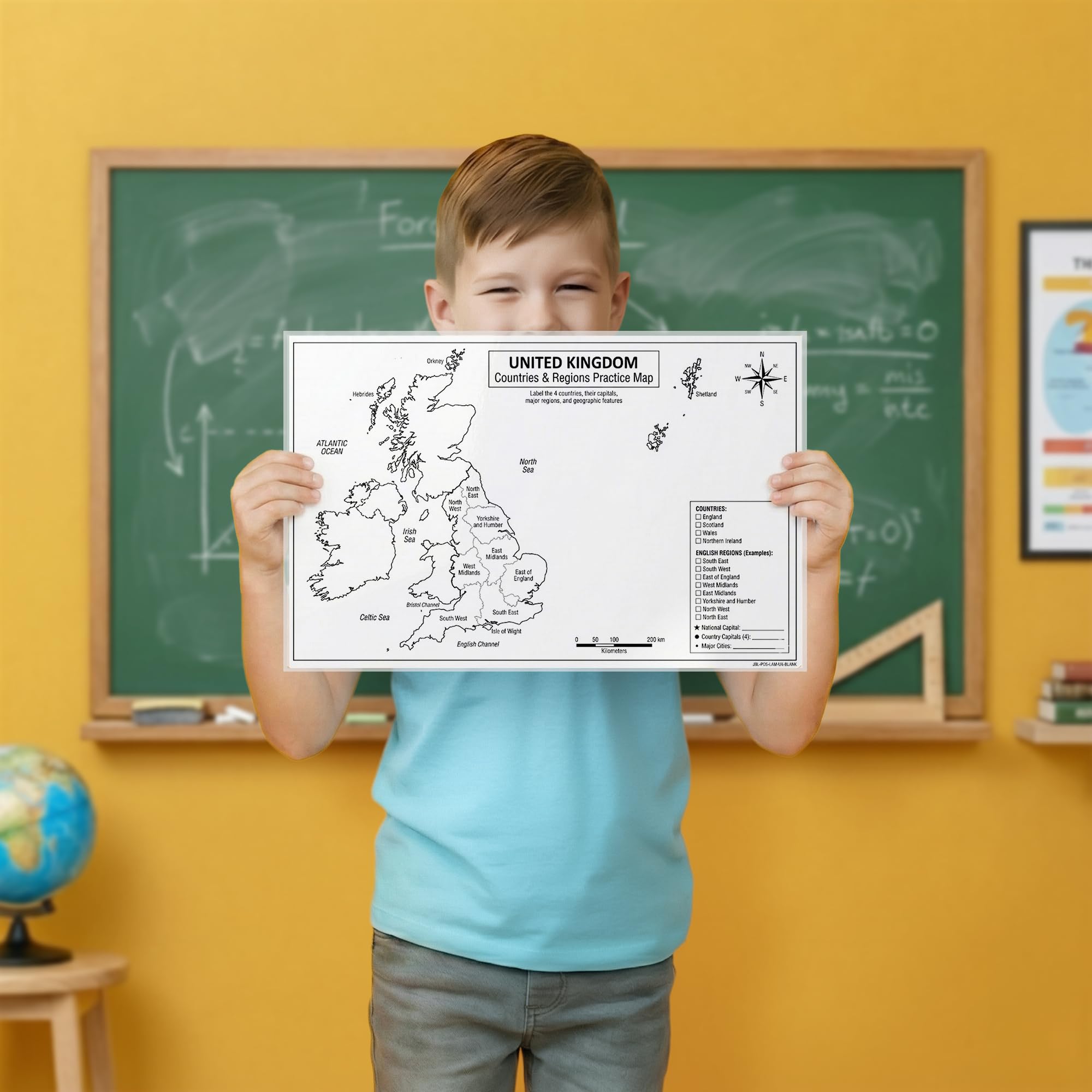 United Kingdom Poster 11x17 | Laminated Double-Sided Geography Chart with Color Map Front & Blank Outline Back | Reusable