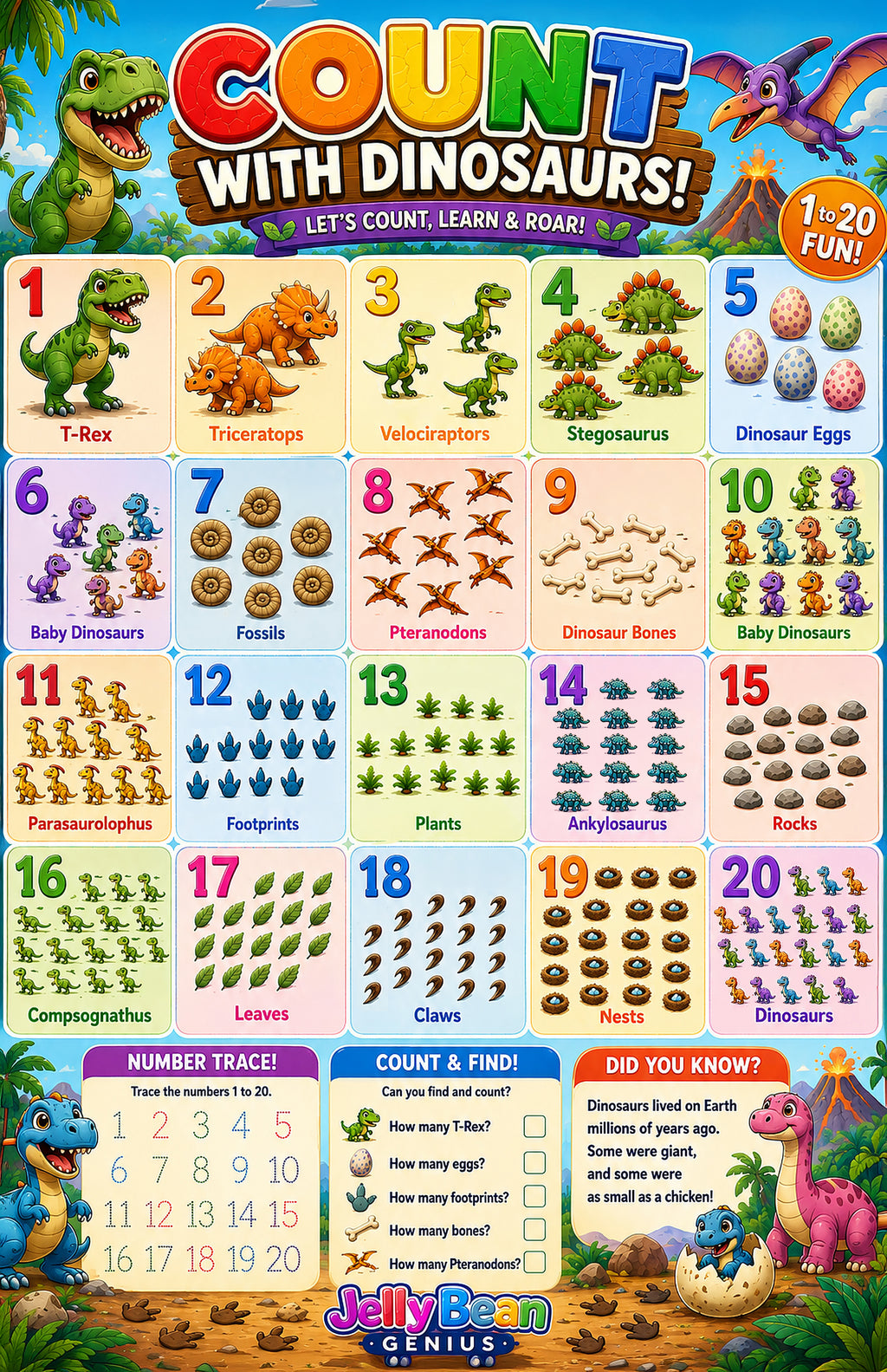 Four laminated dinosaur learning posters for letters, colors, first words, and counting with QR code audio lessons. — view 6